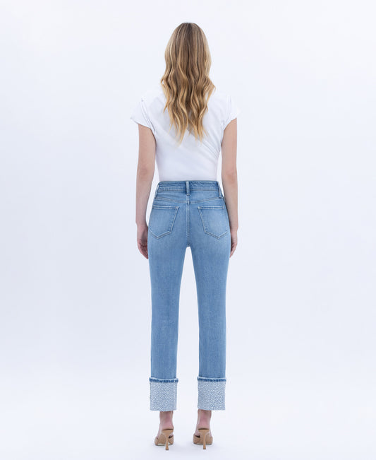 Back product images of Elegant Serenity - High Rise Rhinestone Cuffed Slim Straight Jeans