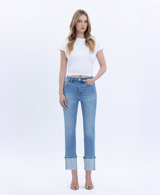 Front product images of Elegant Serenity - High Rise Rhinestone Cuffed Slim Straight Jeans