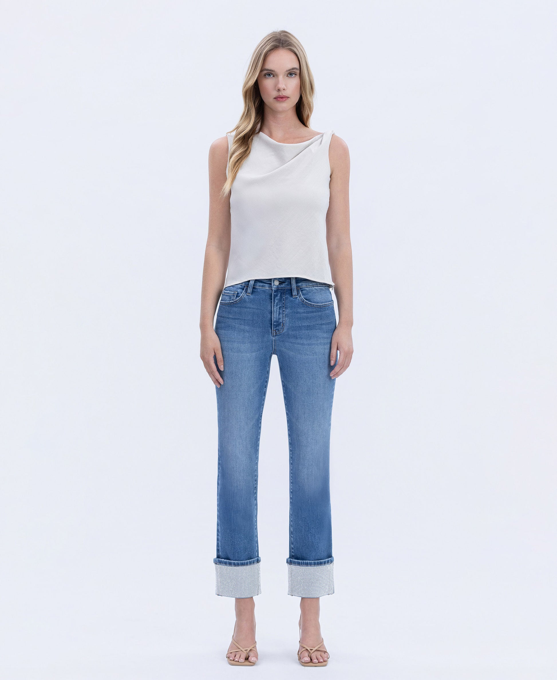 Front product images of Radiant Dream - High Rise Rhinestone Cuffed Slim Straight Jeans