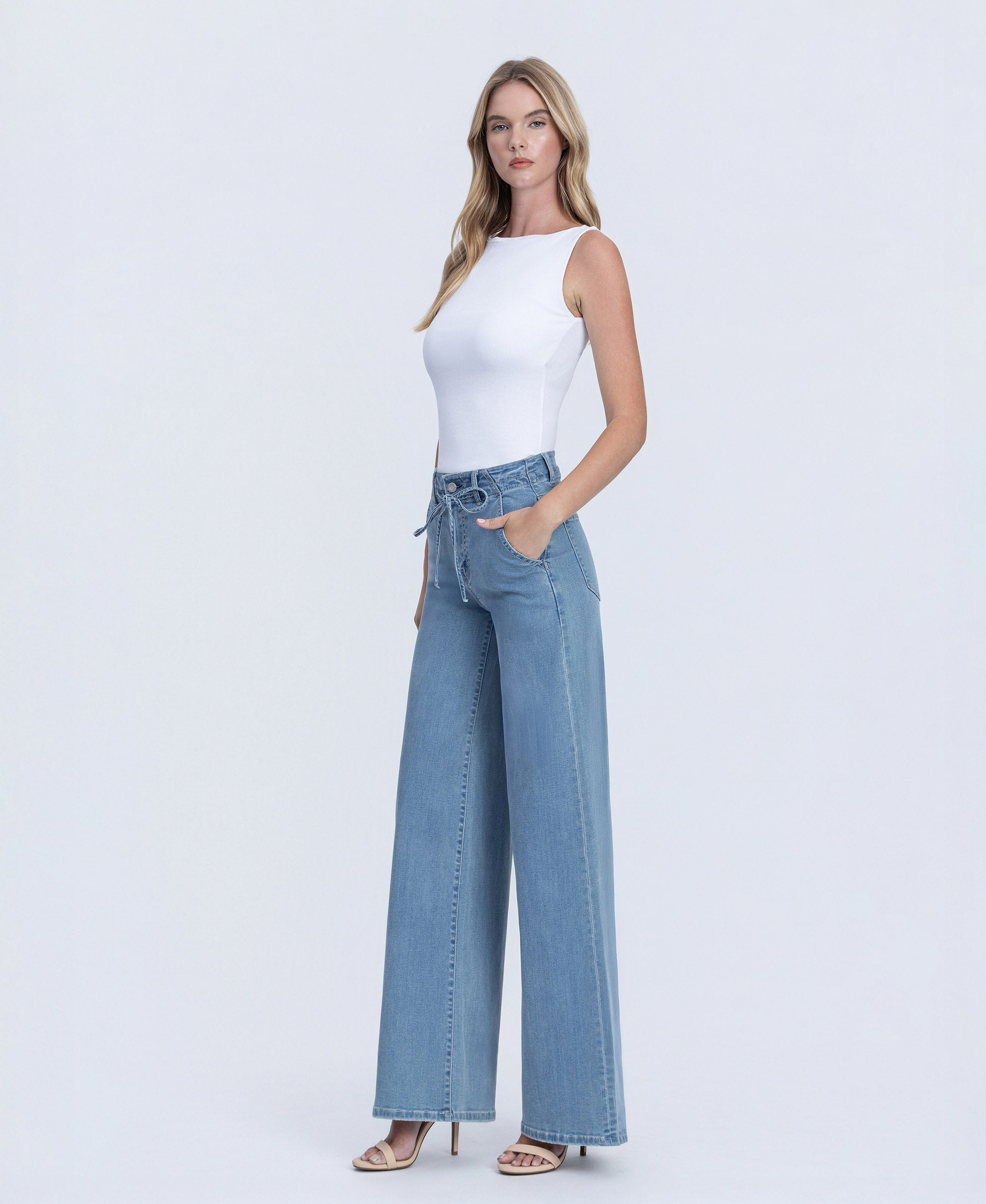 VERVET Ethereal Promise High Rise Tie Waist Palazzo Jeans
