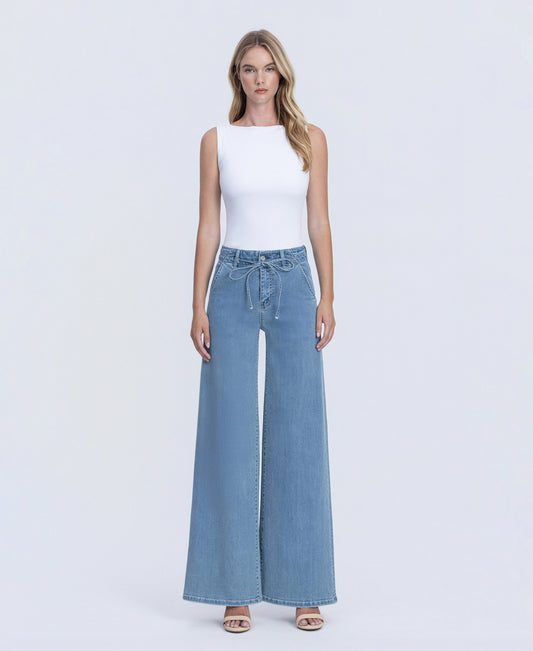 Front product images of Ethereal Promise - High Rise Tie Waist Crop Palazzo Jeans
