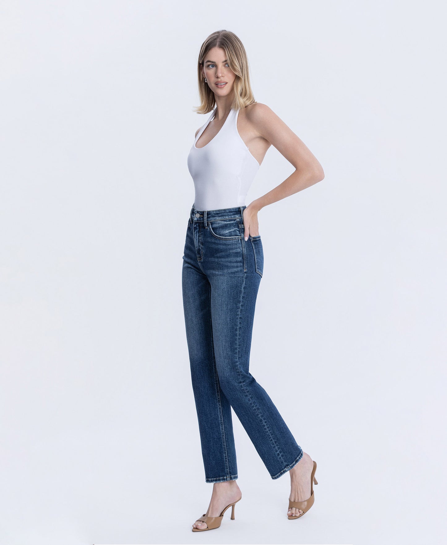 Left 45 degrees product image of Celestial Glow - High Rise Full Length Straight Jeans
