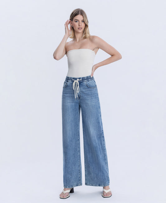 Front product images of Vibrant Essence - Super High Rise Elastic Waistband Wide Leg Jeans