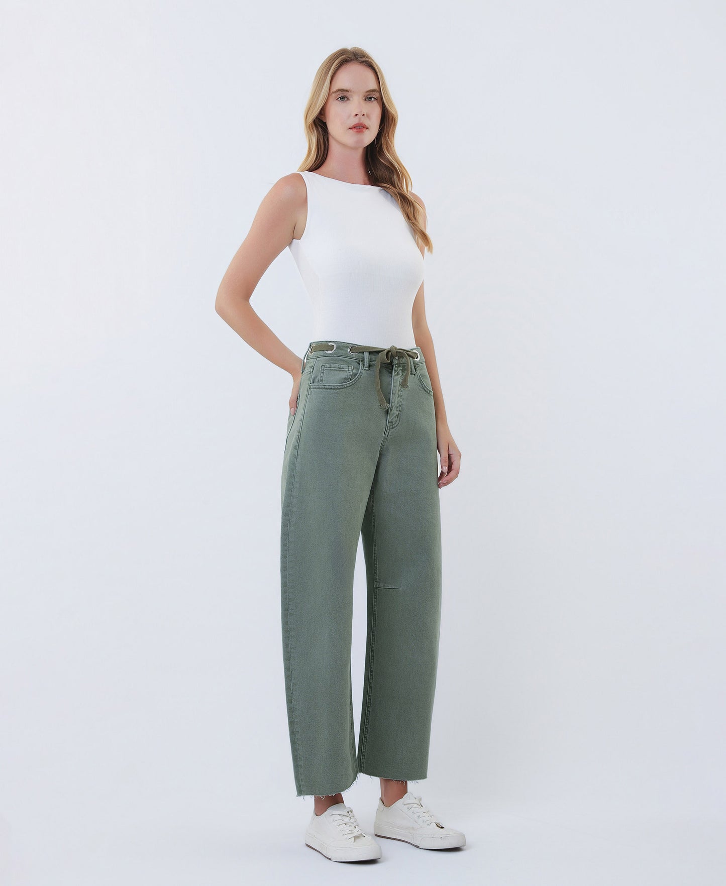 Right 45 degrees product image of Olive - Super High Rise Drawstring WB Wide Barrel Jeans