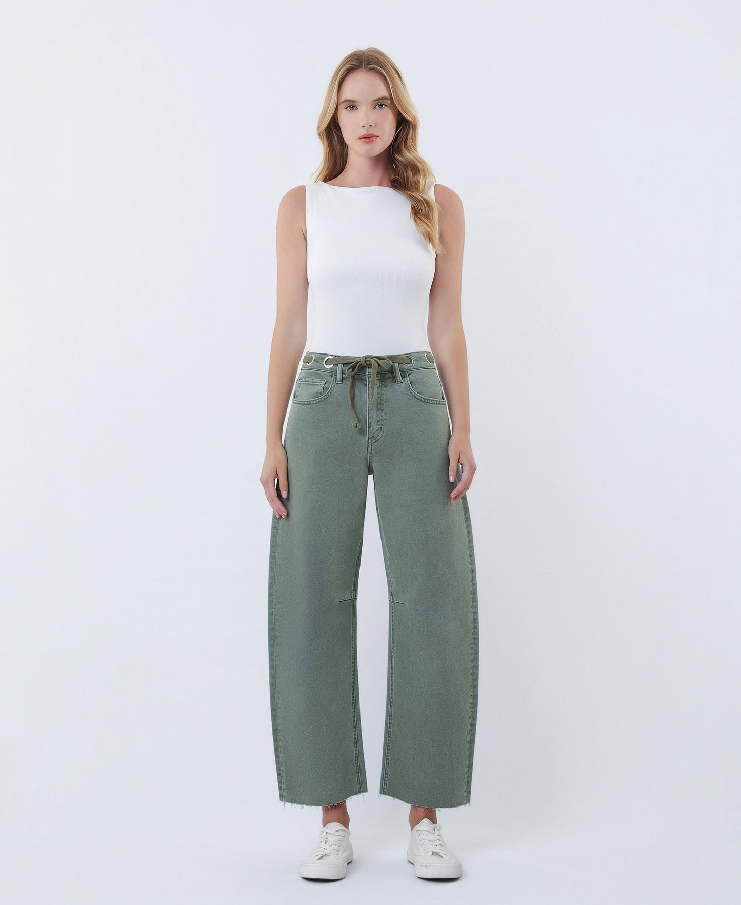 Front product images of Olive - Super High Rise Drawstring WB Wide Barrel Jeans