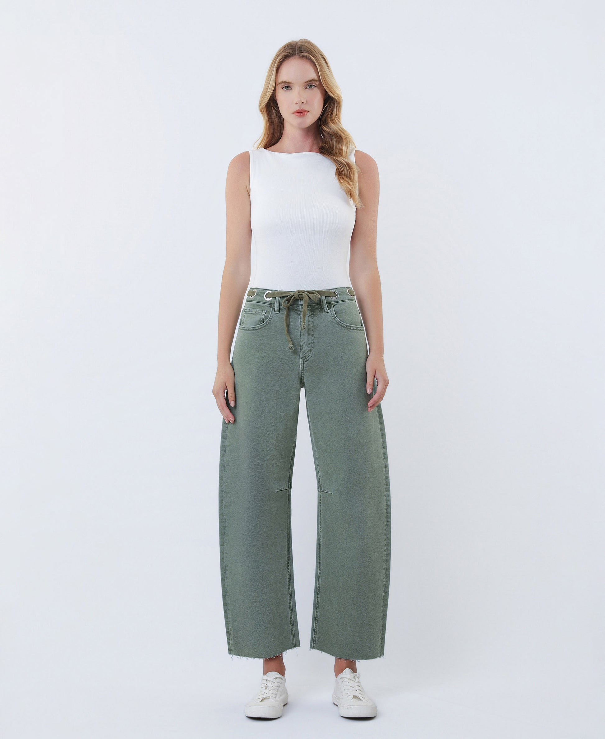 Front product images of Olive - Super High Rise Drawstring WB Wide Barrel Jeans
