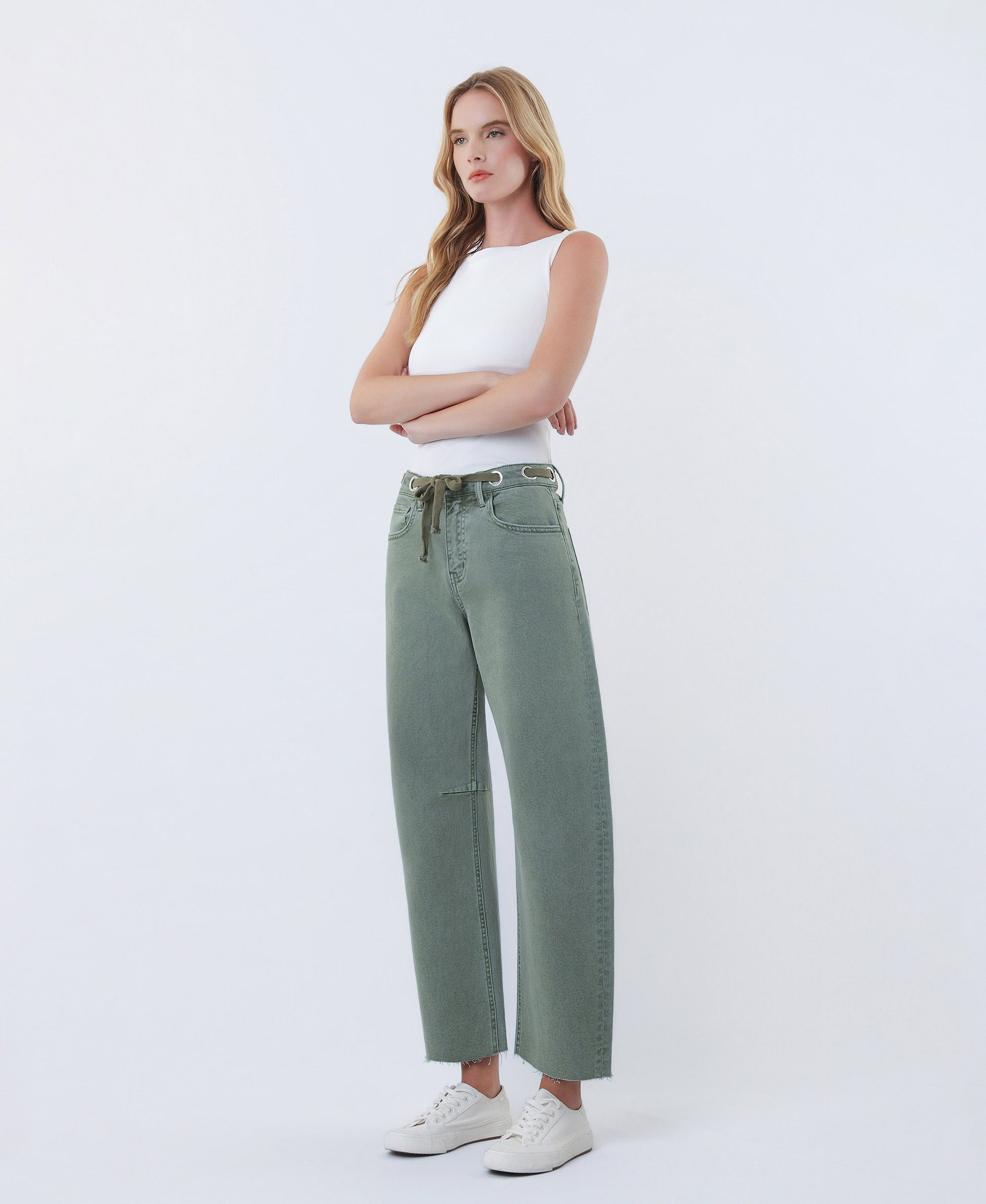 Left 45 degrees product image of Olive - Super High Rise Drawstring WB Wide Barrel Jeans