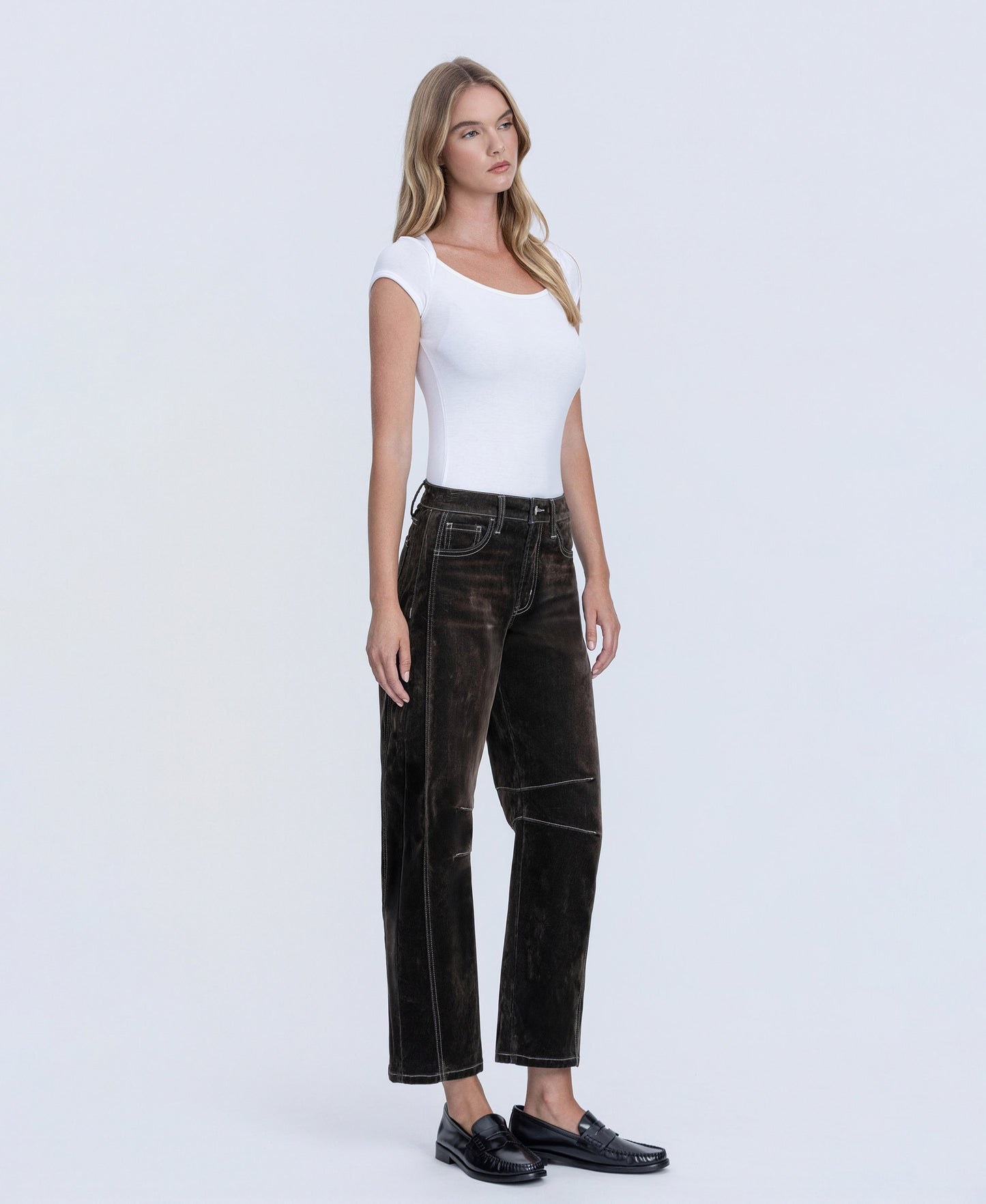 Right 45 degrees product image of Velvet Stone - High Rise Velvet Flocked Barrel Jeans