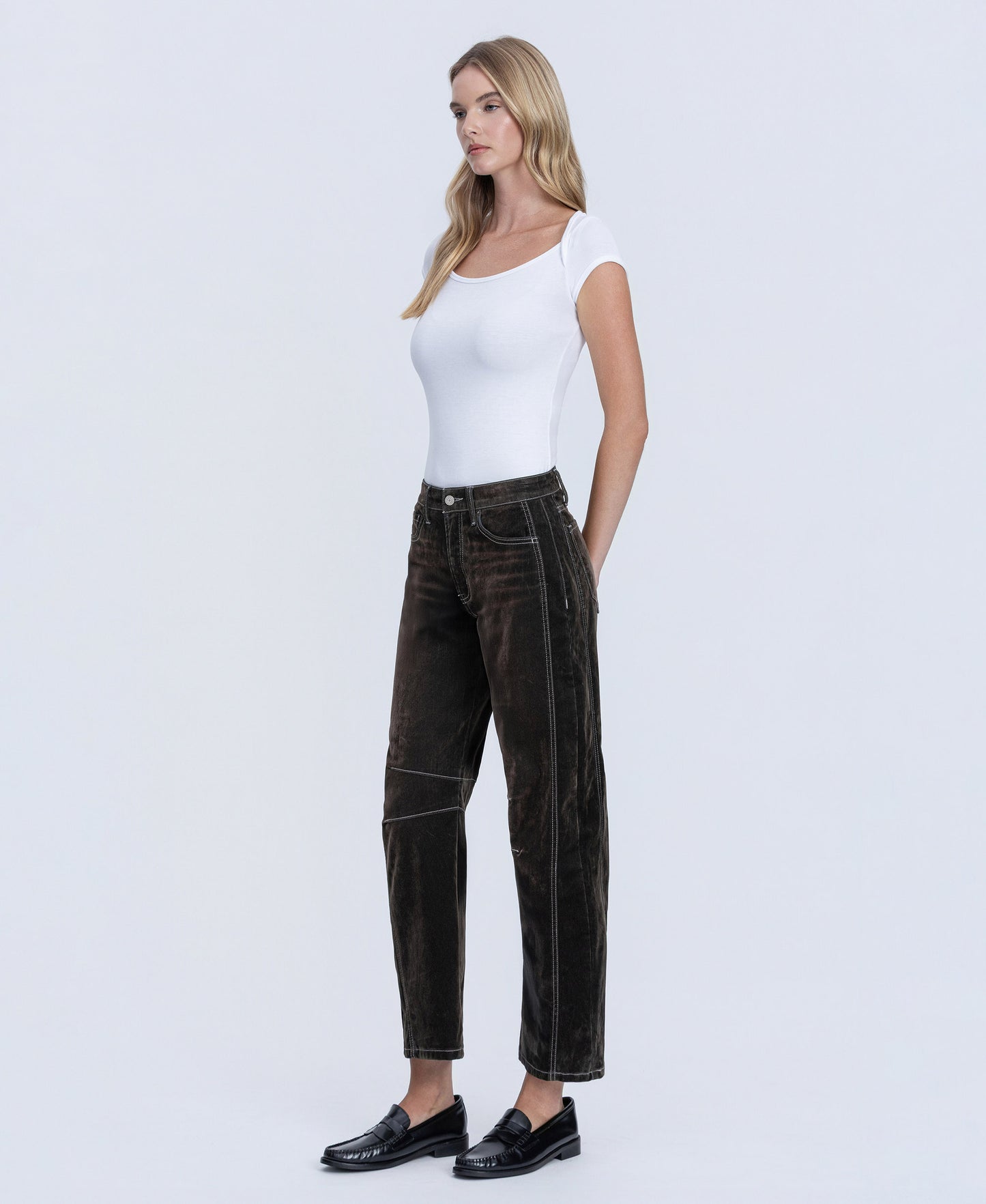 Left 45 degrees product image of 
Velvet Stone - High Rise Velvet Flocked Barrel Jeans