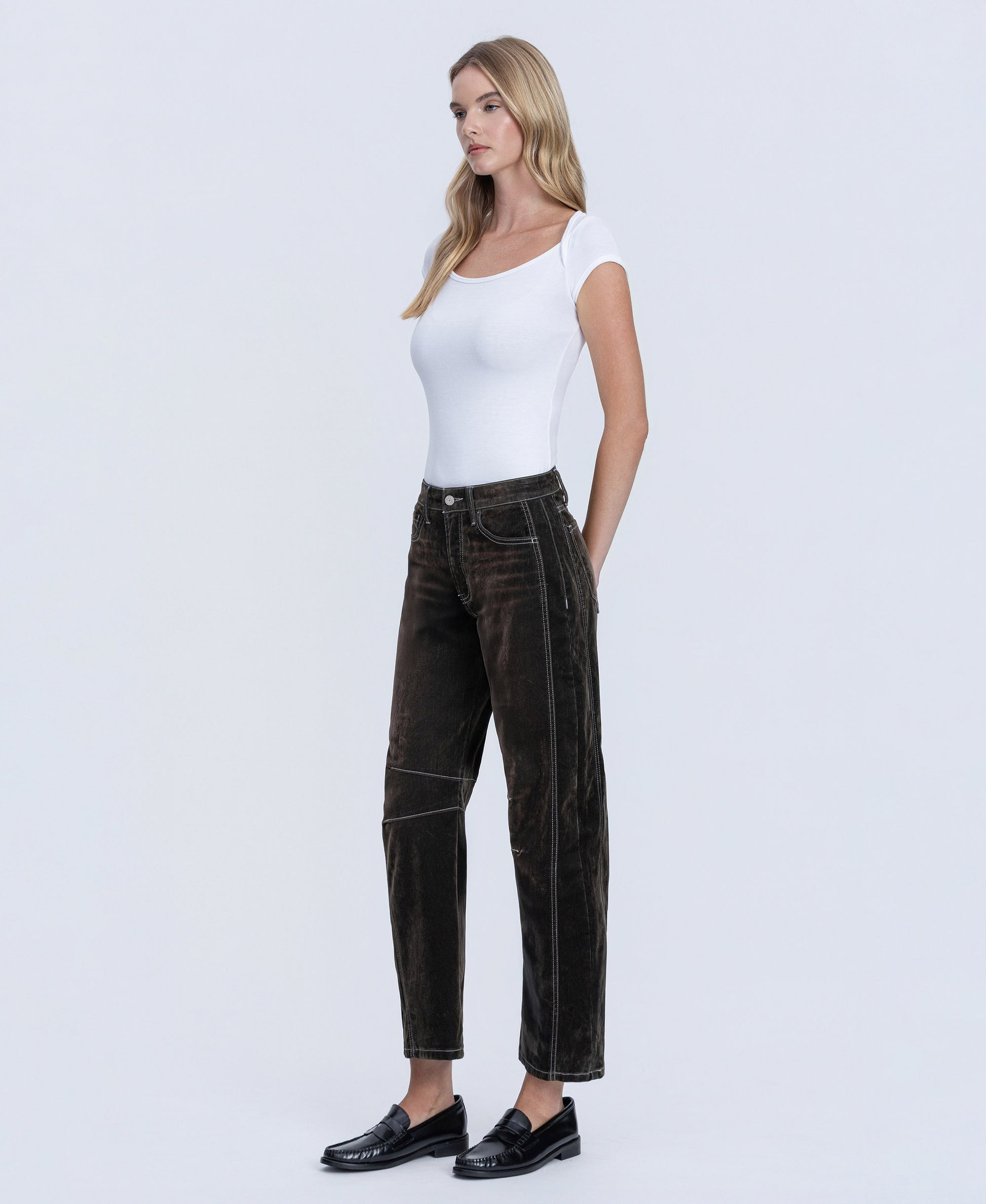 Left 45 degrees product image of 
Velvet Stone - High Rise Velvet Flocked Barrel Jeans