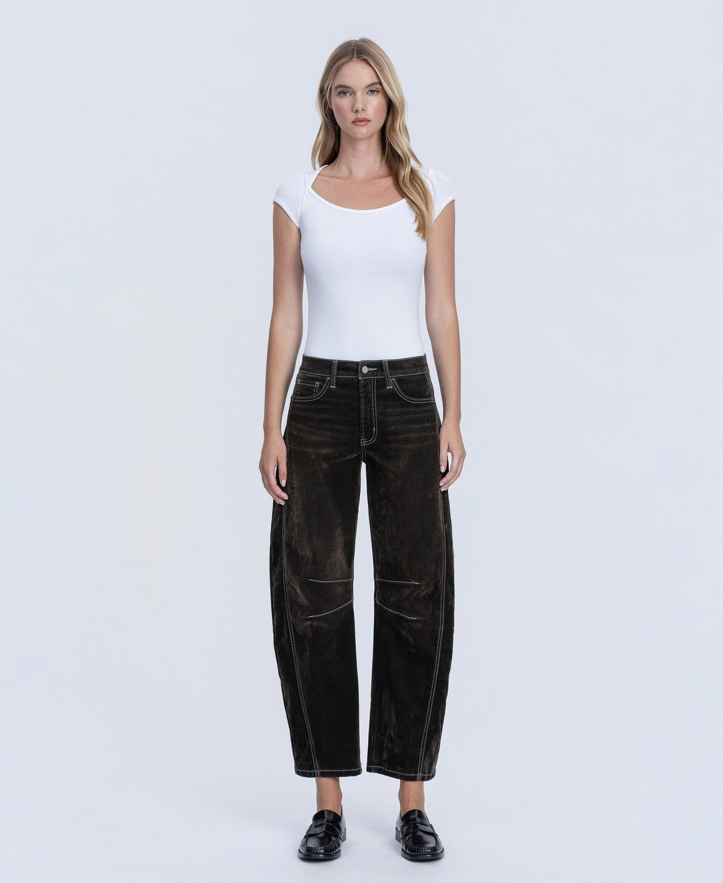 Front product images of 
Velvet Stone - High Rise Velvet Flocked Barrel Jeans