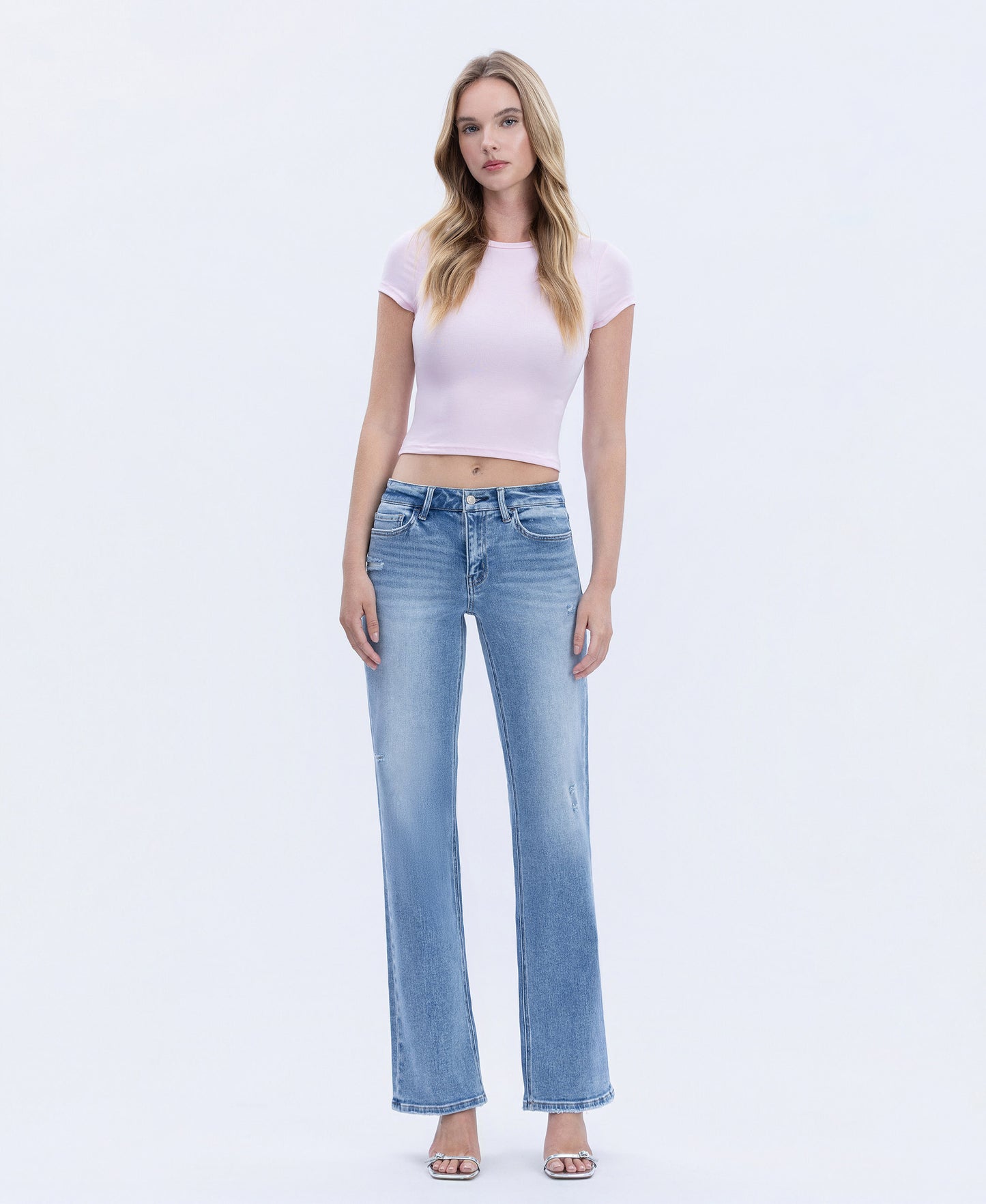 Front product images of LT Stone Wash - Mid Rise Full Length Slim Wide Leg Jeans