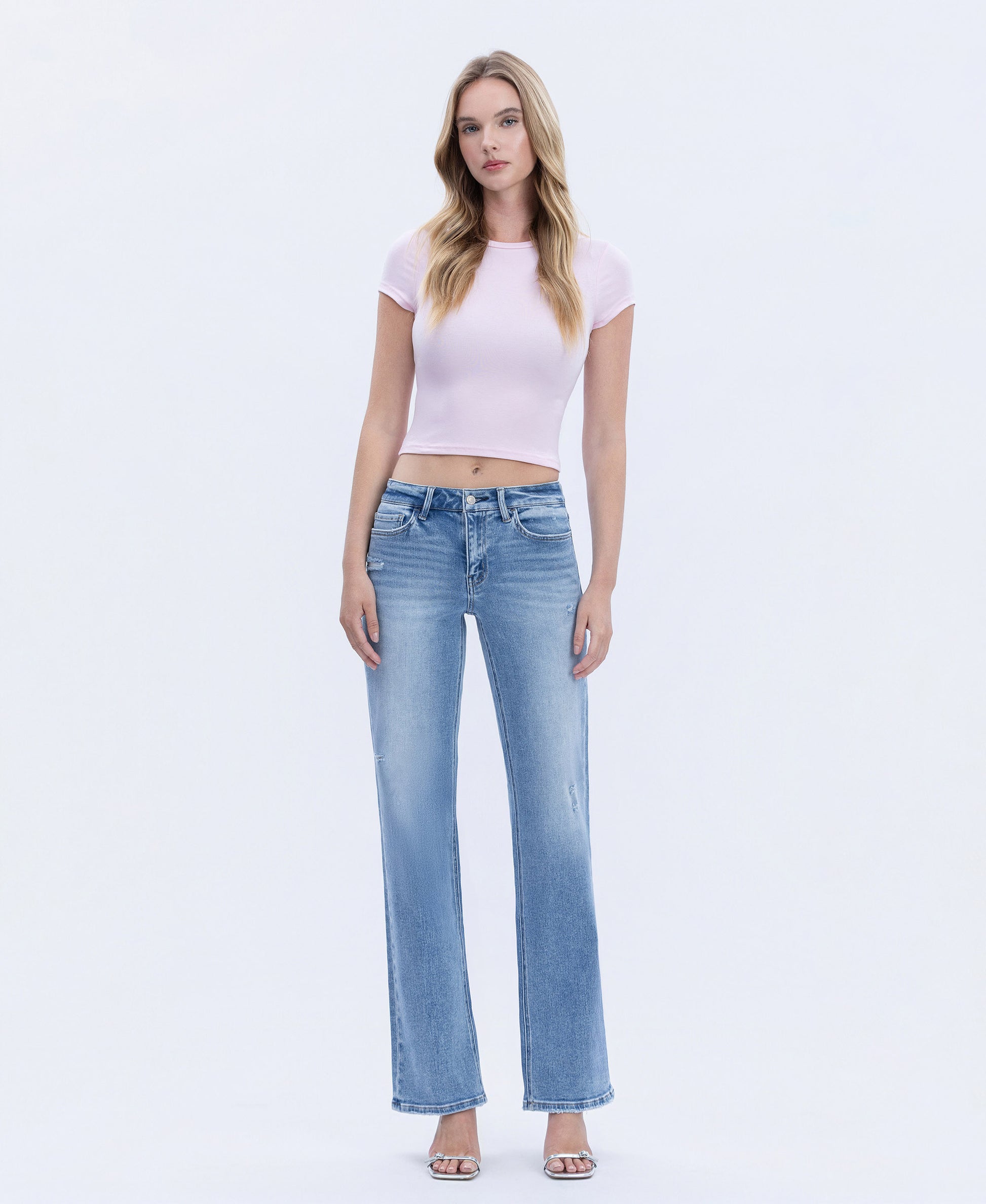 Front product images of LT Stone Wash - Mid Rise Full Length Slim Wide Leg Jeans