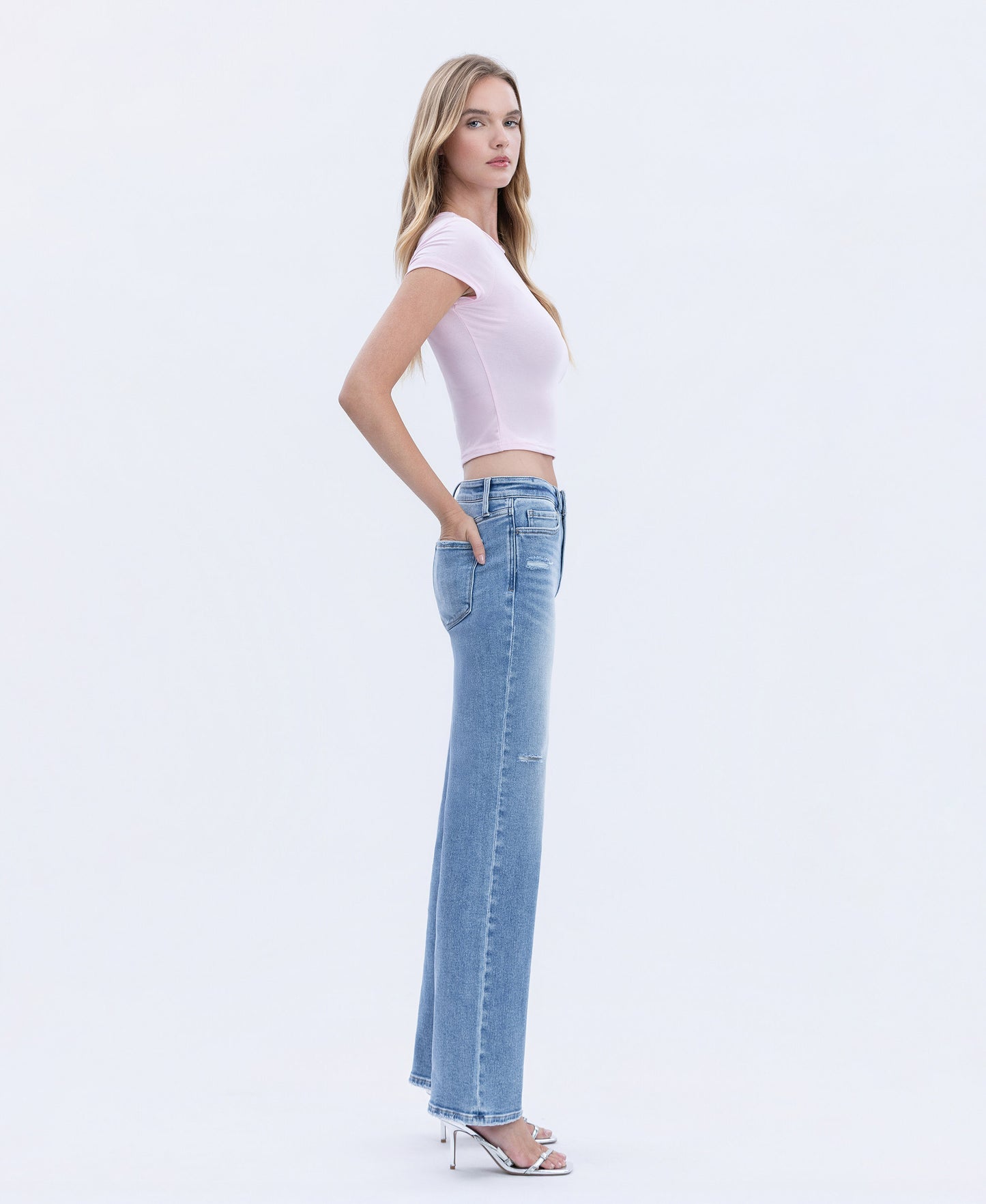 Right side product images of LT Stone Wash - Mid Rise Full Length Slim Wide Leg Jeans