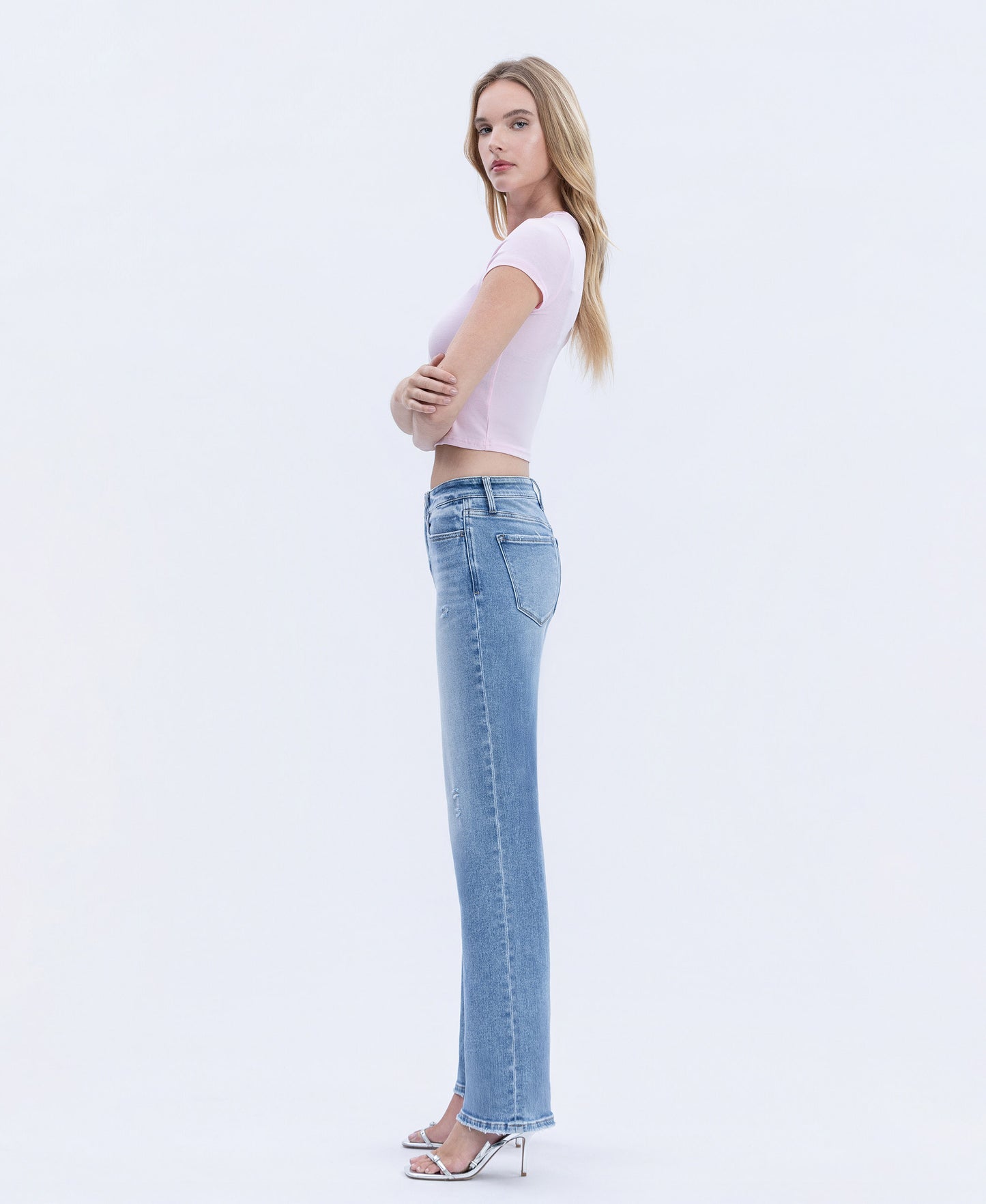 Left side product images of LT Stone Wash - Mid Rise Full Length Slim Wide Leg Jeans