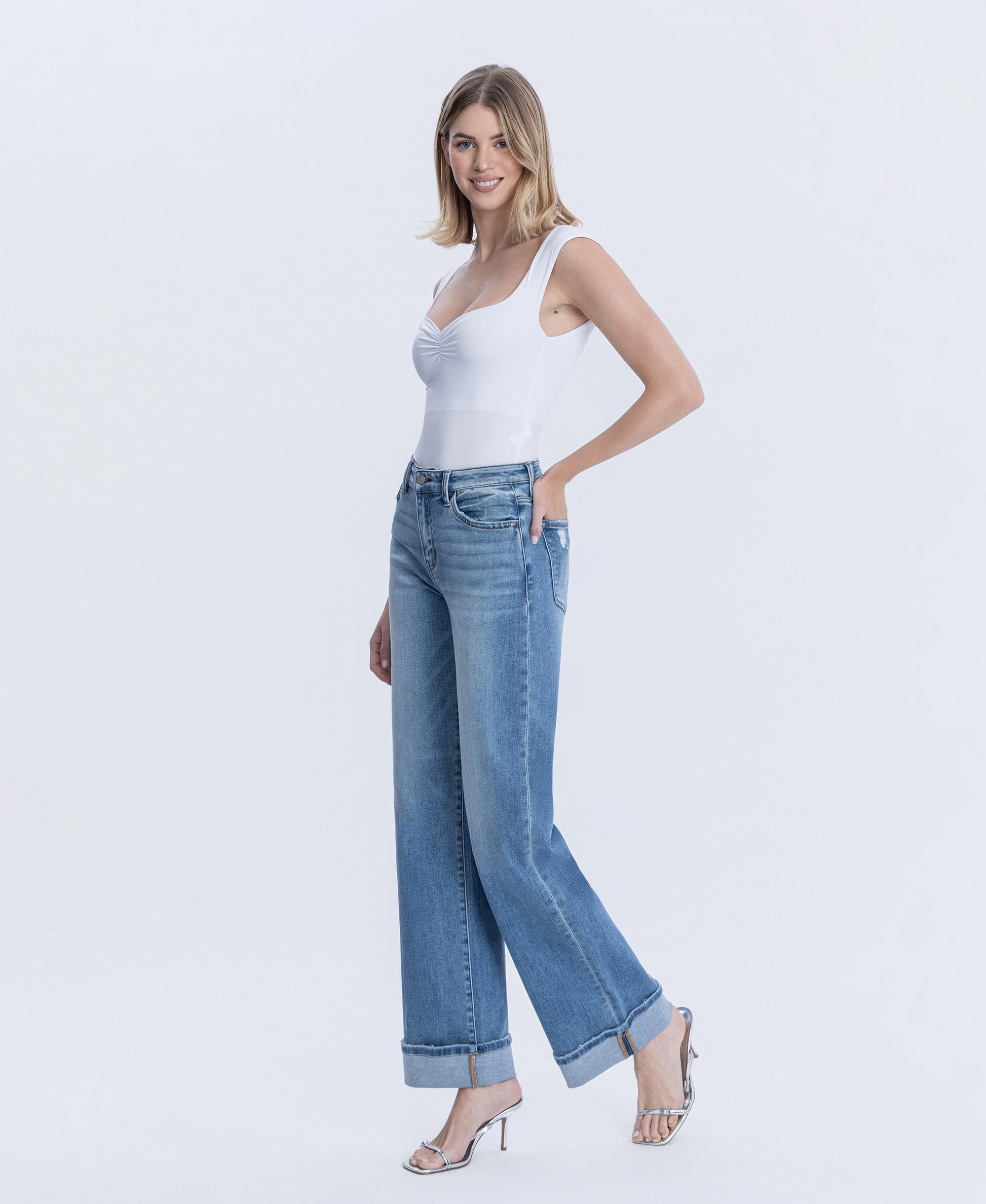 Left 45 degrees product image of Westbury - High Rise Full Length Cuffed Baggy Wide Leg Jeans