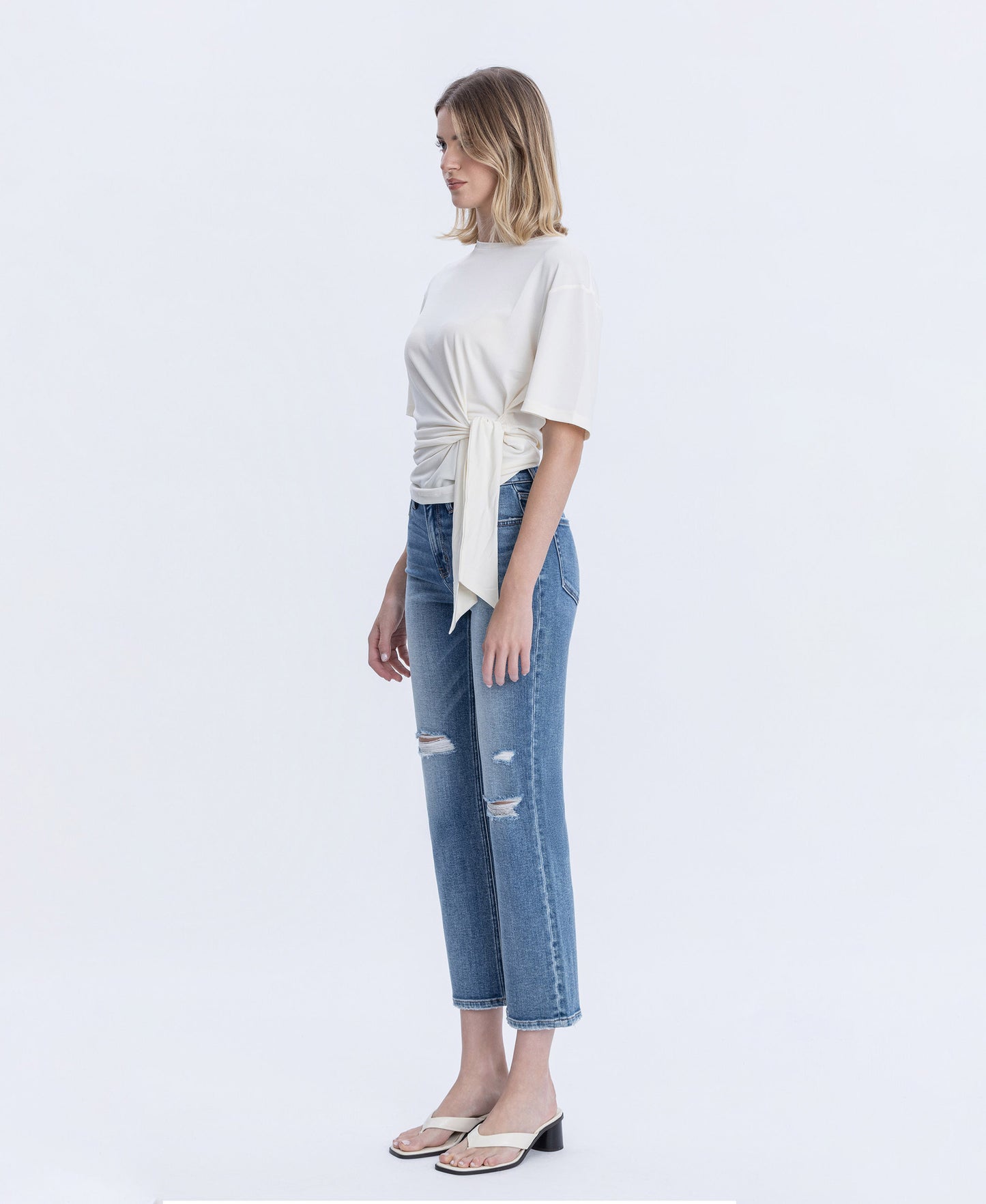 Left 45 degrees product image of Intimacy - High Rise Distressed Ankle Straight Jeans