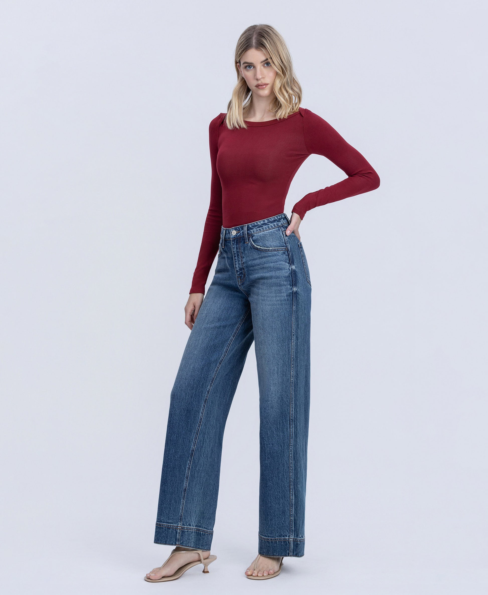 Left 45 degrees product image of Celestial - Super High Rise Trouser Hem Baggy Wide Leg Jeans