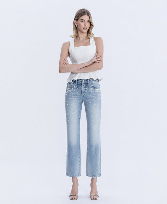 Front product images of Beautiful Goddess - High Rise Pearl & Rhinestone Straight Jeans