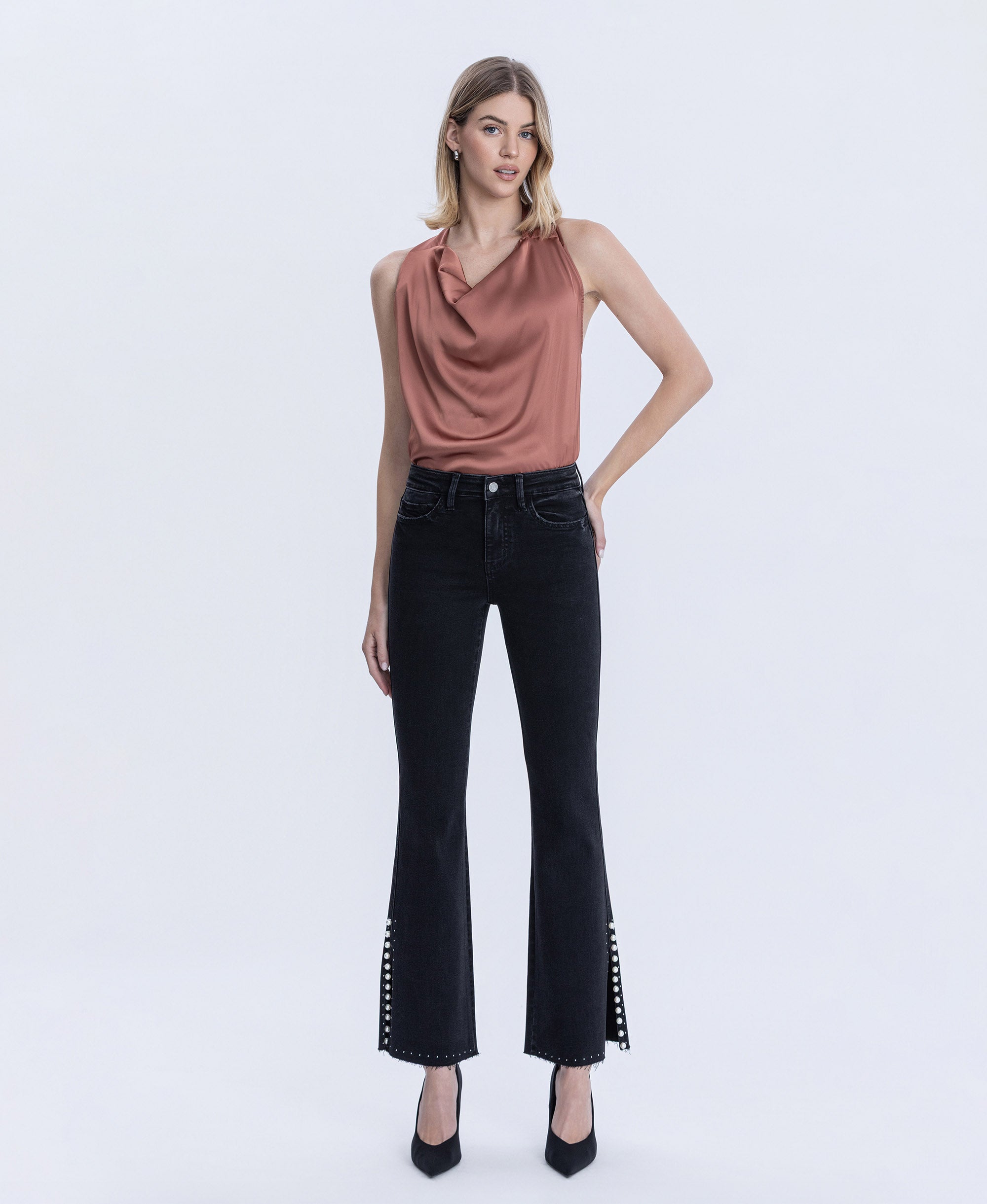 BELVET プリーツデニム VERVET Black High Rise Pearl Embellished Bootcut Jeans