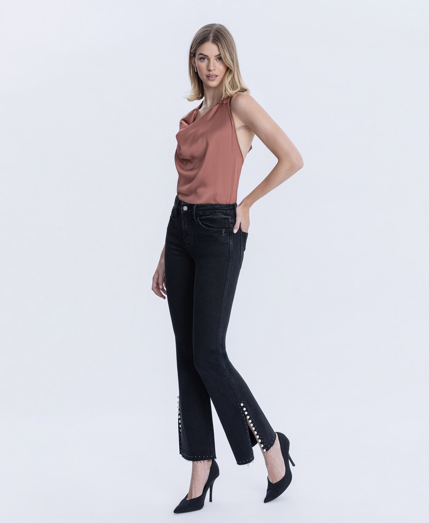 Black - High Rise Pearl Embellished Bootcut Jeans