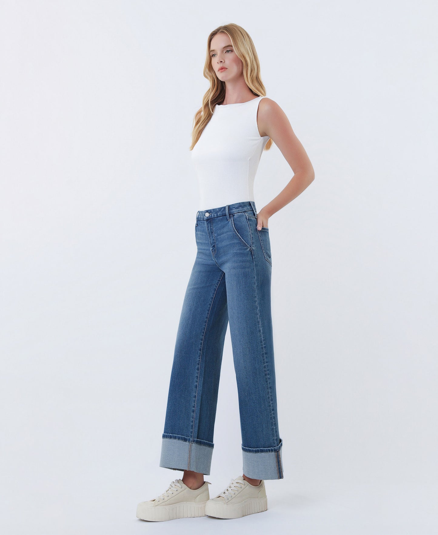 Left 45 degrees product image of Serene Bloom - High Rise Slant Pocket Cuffed Ankle Wide Leg Jeans