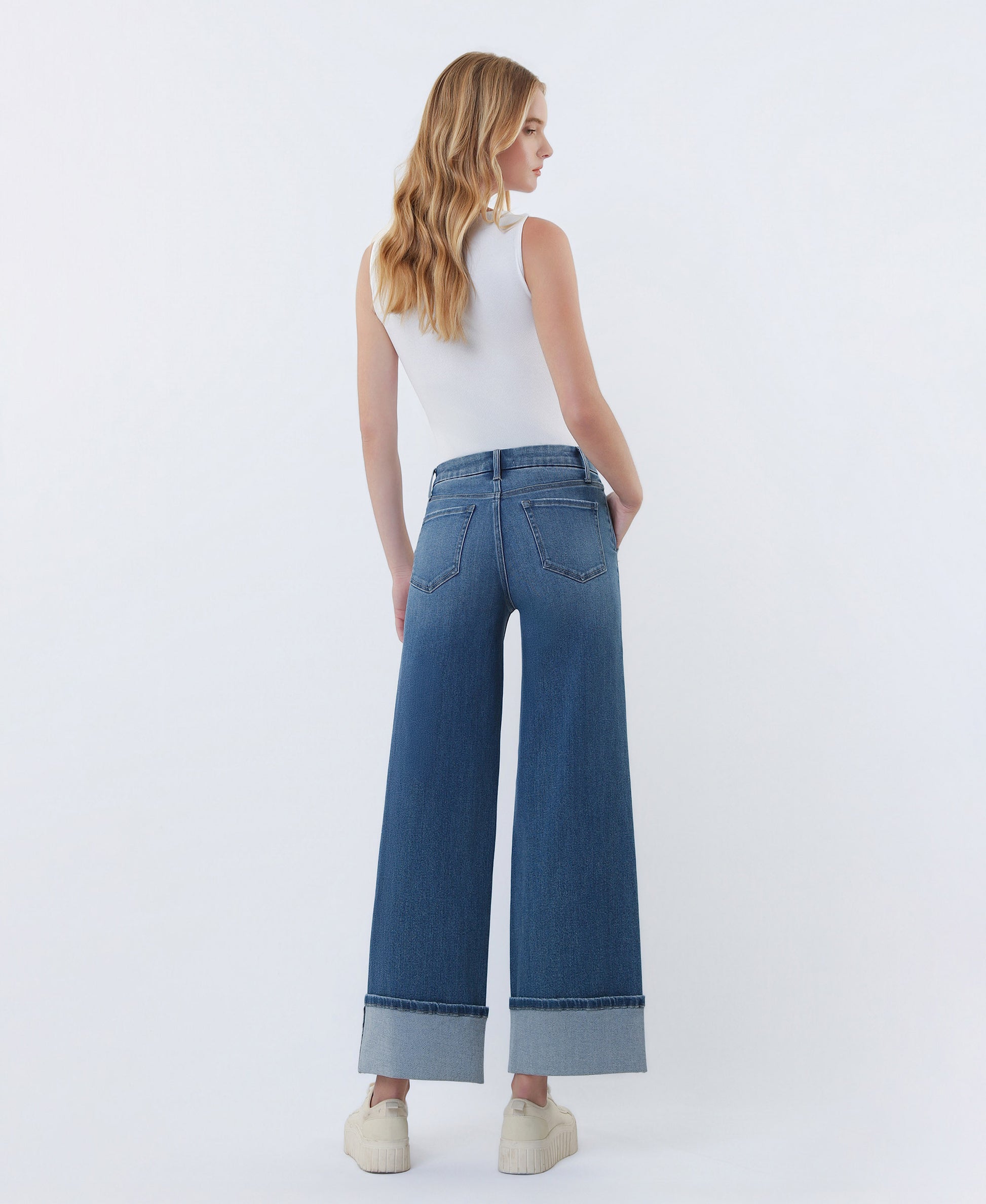Back product images of Serene Bloom - High Rise Slant Pocket Cuffed Ankle Wide Leg Jeans