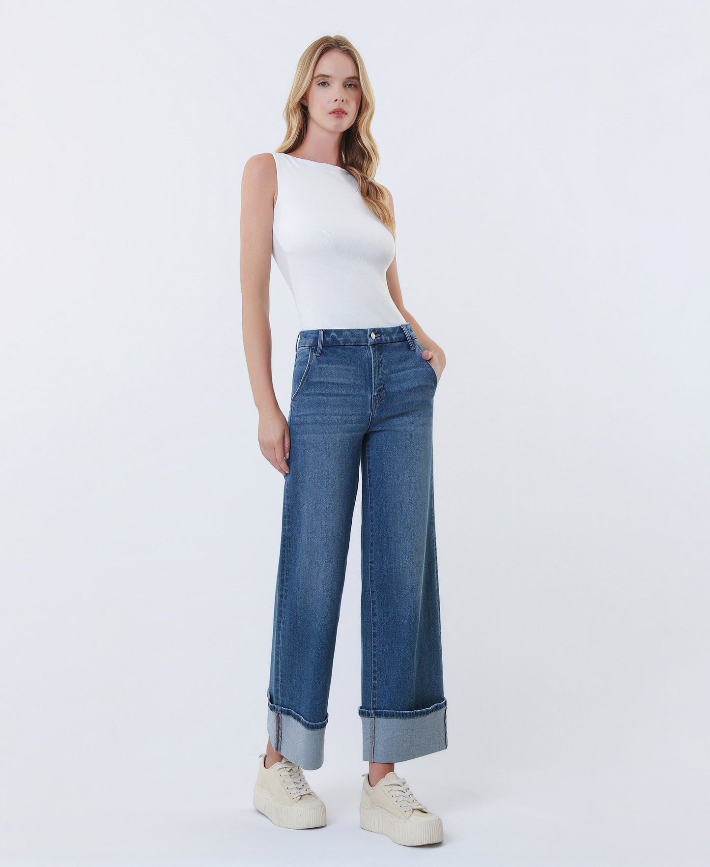 Right 45 degrees product image of Serene Bloom - High Rise Slant Pocket Cuffed Ankle Wide Leg Jeans