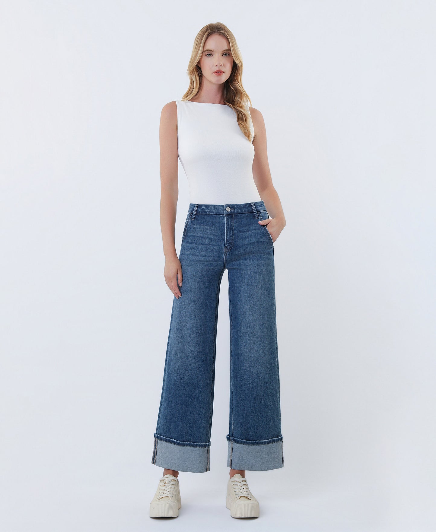 Front product images of Serene Bloom - High Rise Slant Pocket Cuffed Ankle Wide Leg Jeans