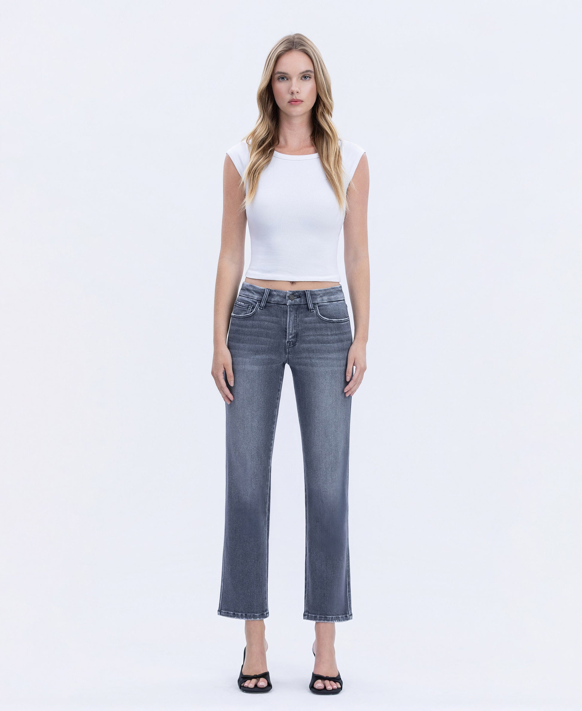 Front product images of Gray - Mid Rise Seamless WB Ankle Straight Jeans