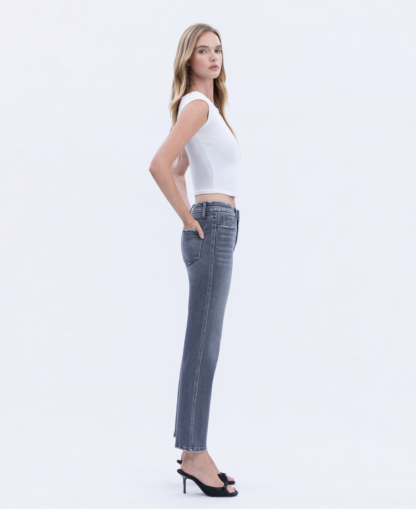 Right side product images of Gray - Mid Rise Seamless WB Ankle Straight Jeans