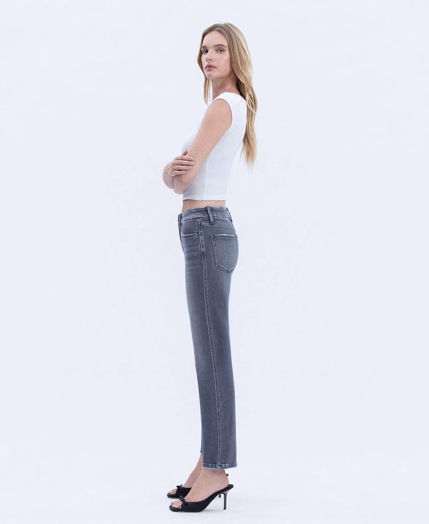 Left side product images of Gray - Mid Rise Seamless WB Ankle Straight Jeans