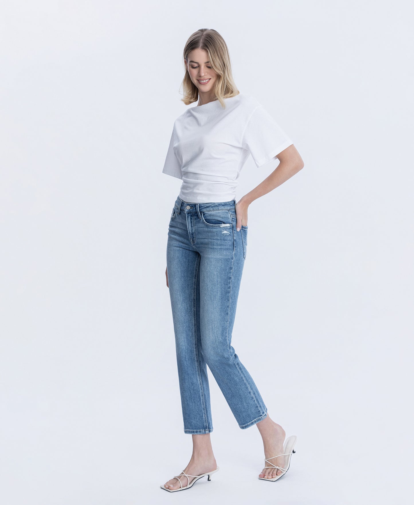 Left 45 degrees product image of Zestful Symphony - Mid Rise Ankle Slim Straight Jeans