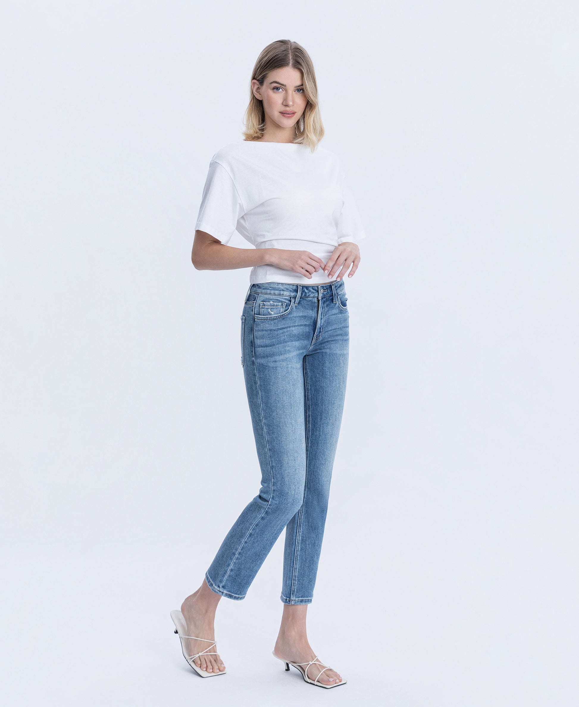 Right 45 degrees product image of Zestful Symphony - Mid Rise Ankle Slim Straight Jeans