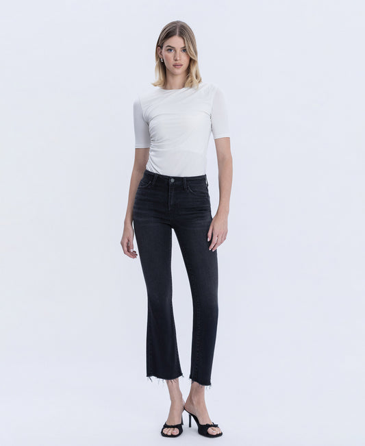 Front product images of Black - High Rise Raw Hem Ankle Bootcut Jeans