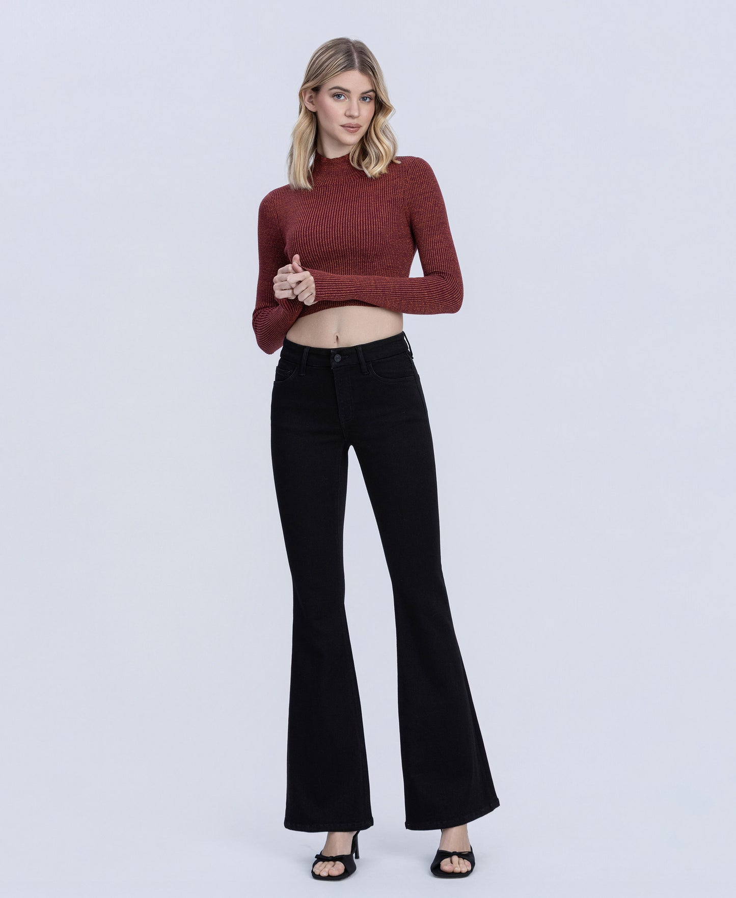 Front product images of Black - Mid Rise Full Length Seamless WB Flare Jeans