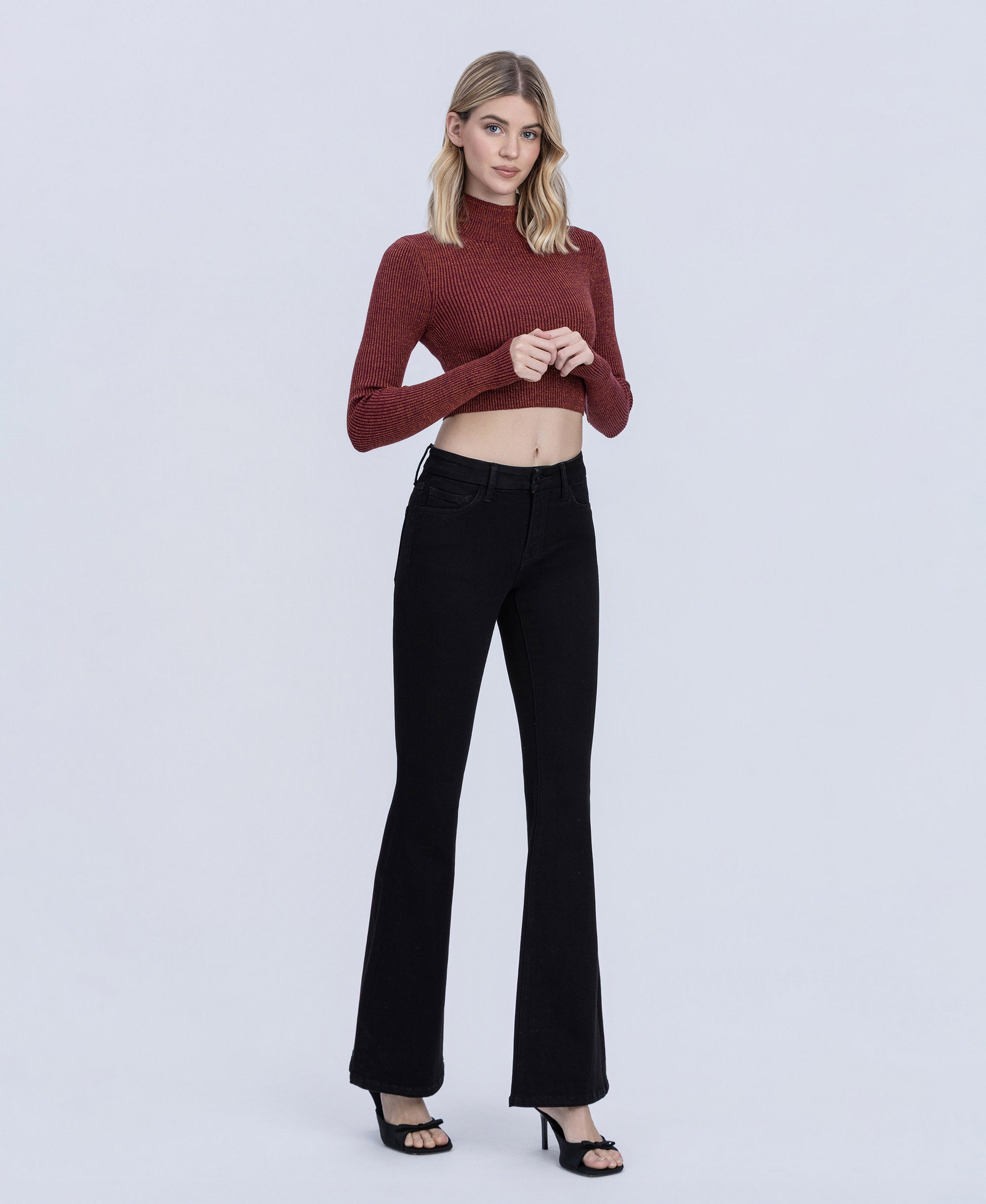 Right 45 degrees product image of Black - Mid Rise Full Length Seamless WB Flare Jeans
