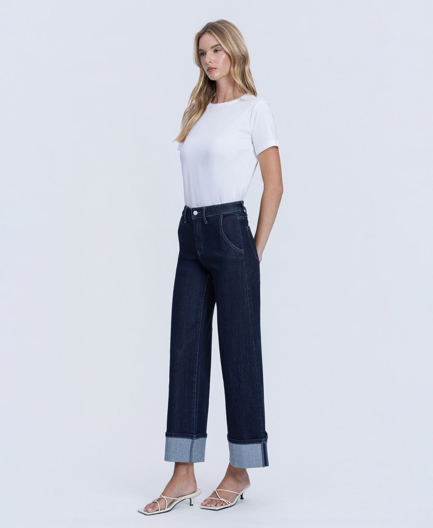 Left 45 degrees product image of Revenue - High Rise Cuffed Ankle Wide Leg Jeans