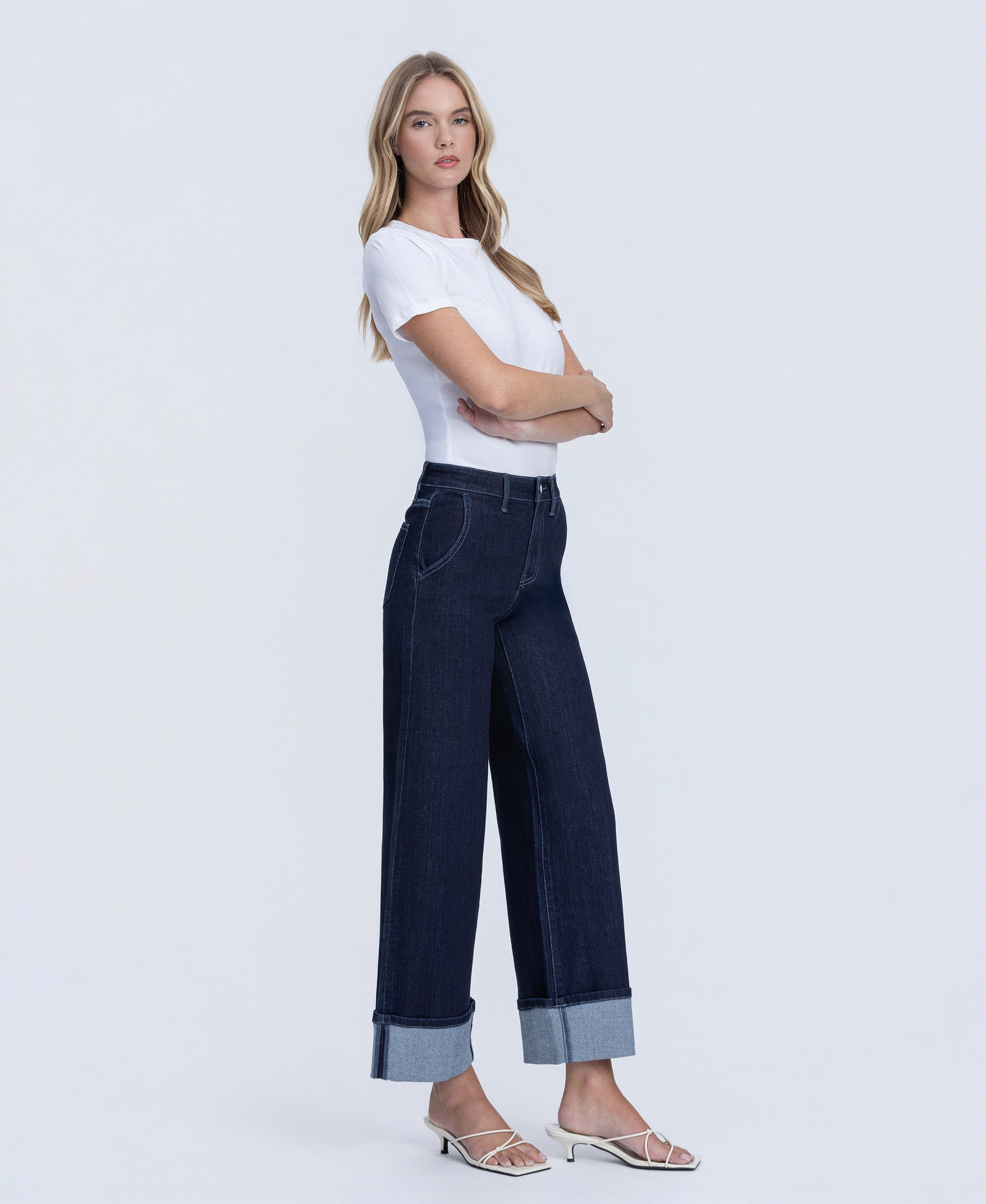 Right 45 degrees product image of Revenue - High Rise Cuffed Ankle Wide Leg Jeans