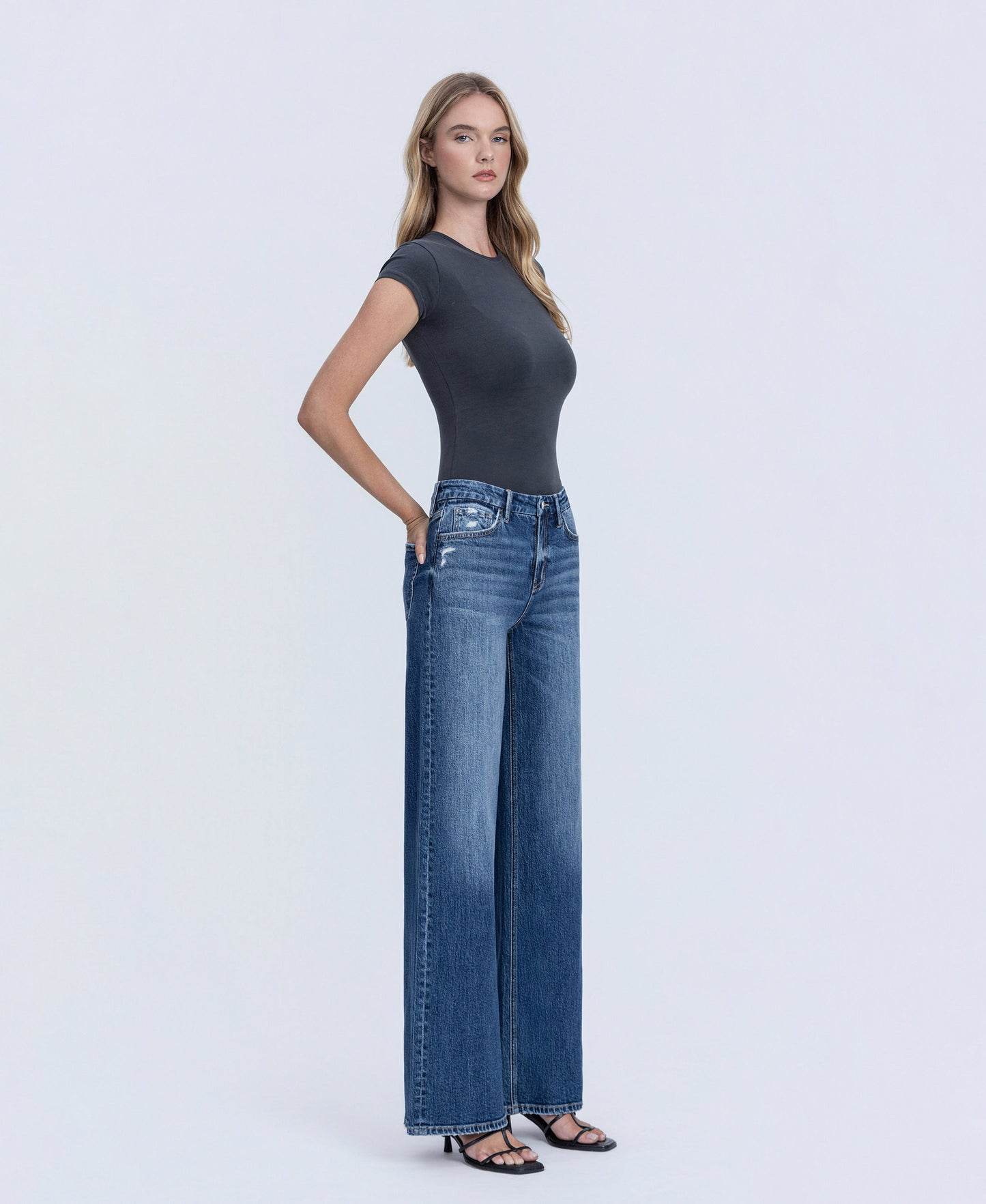 Right 45 degrees product image of Nicest - High Rise Seamless Waistband Wide Leg Jeans