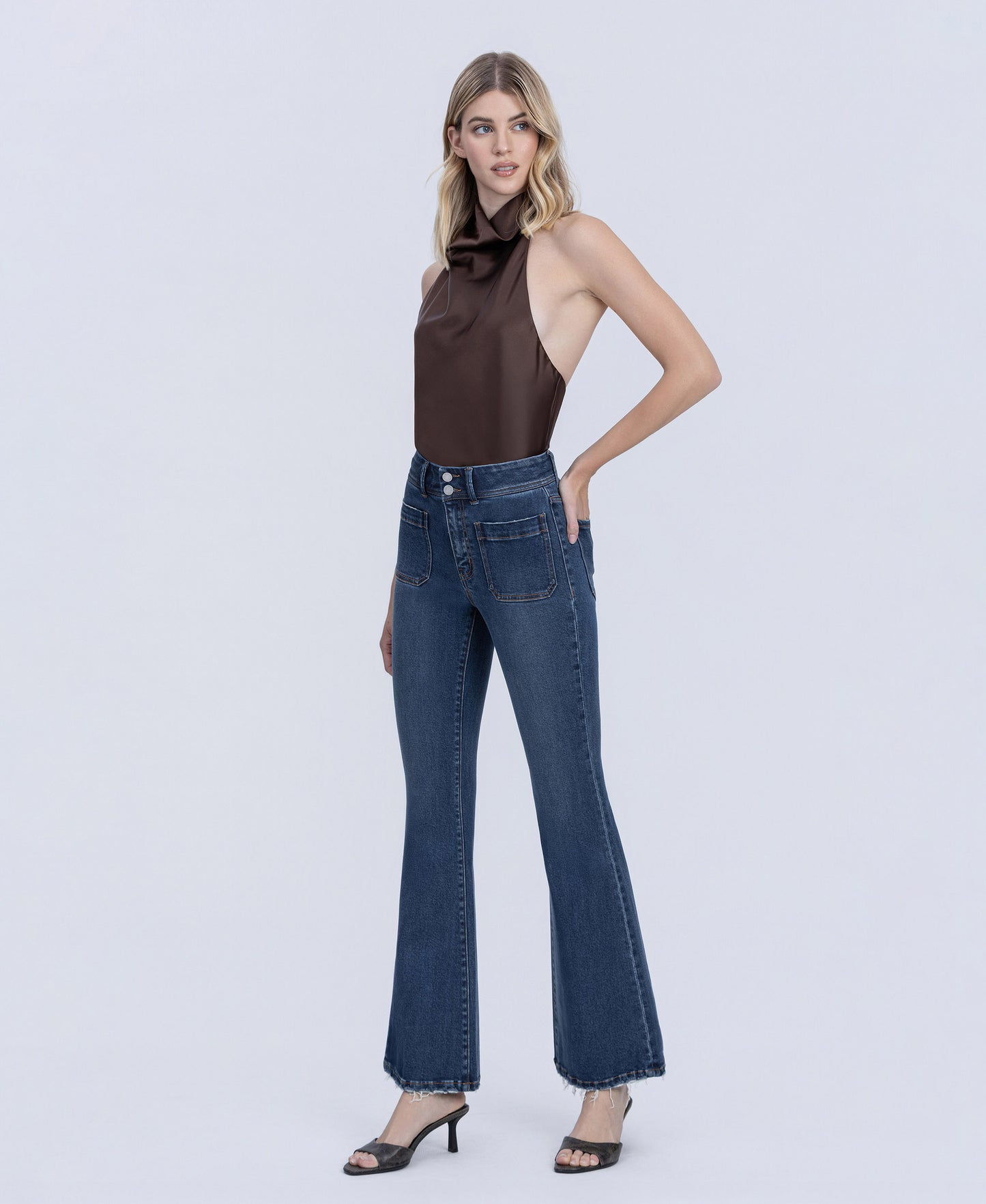 Left 45 degrees product image of Regalia - High Rise 2 Buttons Patch Pocket Tinted Flare Jeans