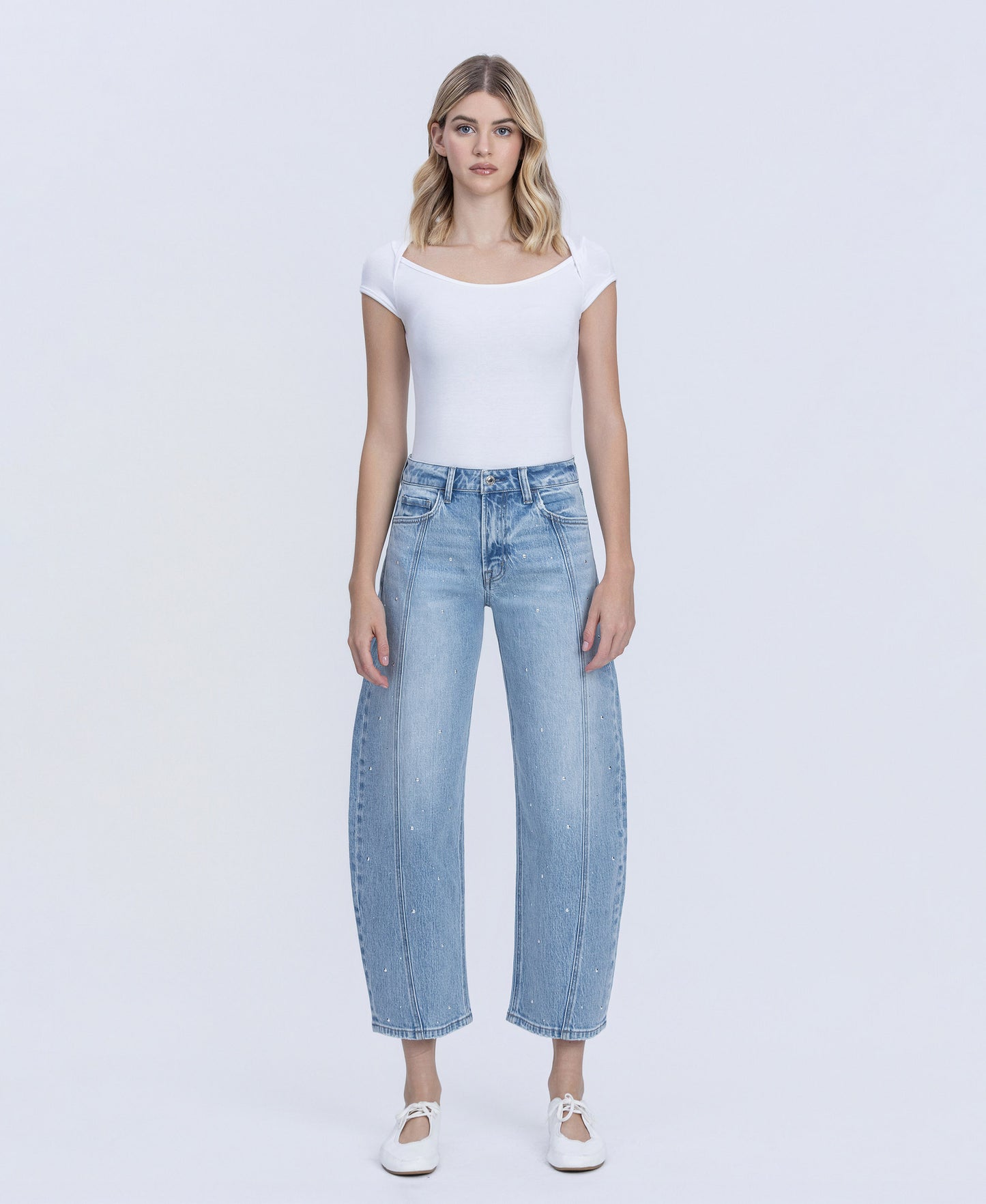 Front product images of Brilliant - High Rise Hotfix Embellished Barrel Jeans