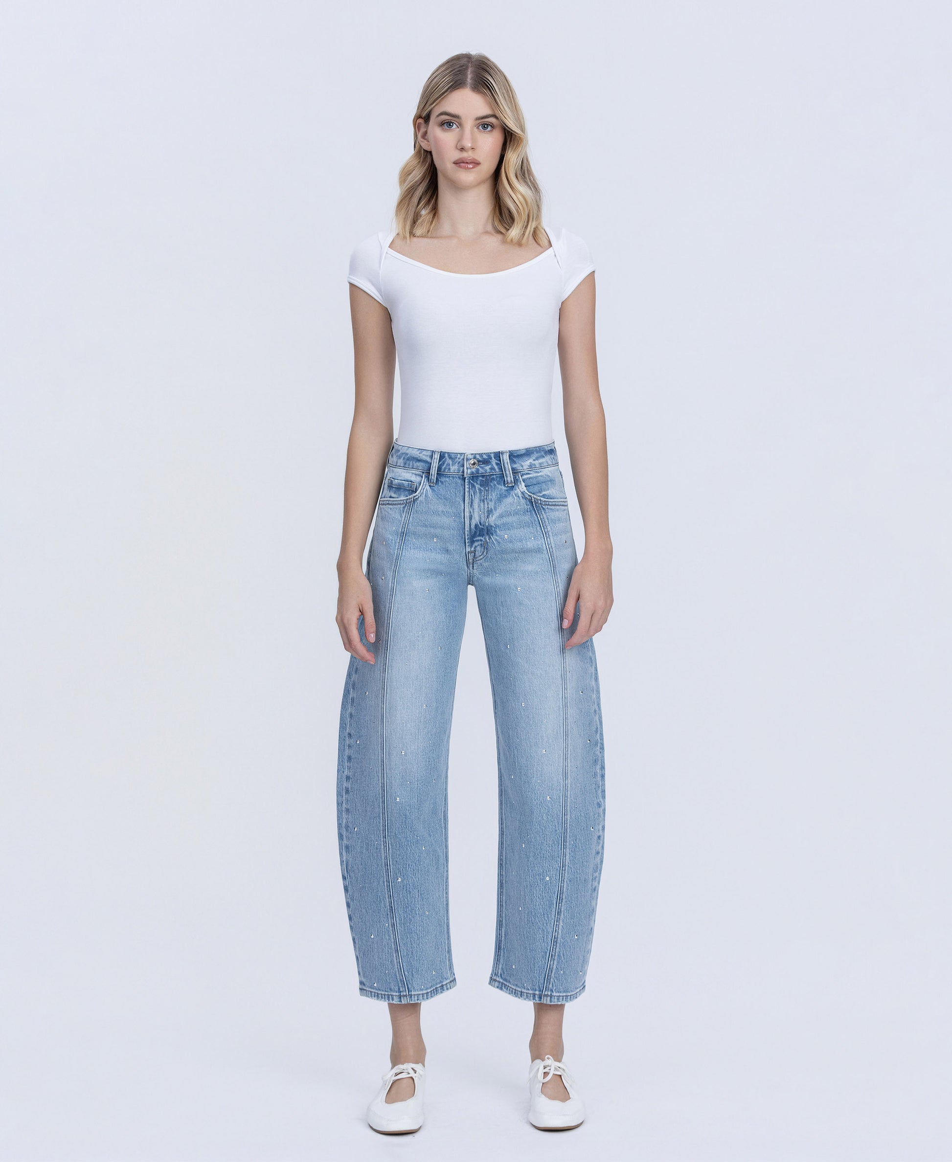Front product images of Brilliant - High Rise Hotfix Embellished Barrel Jeans