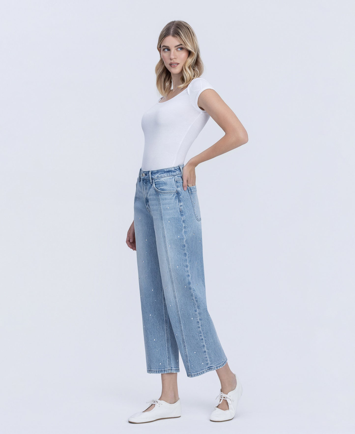 Left 45 degrees product image of Brilliant - High Rise Hotfix Embellished Barrel Jeans