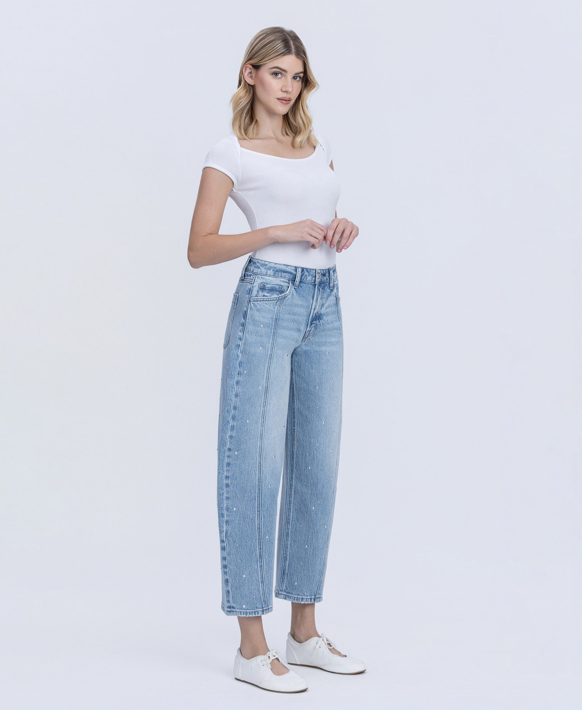 Right 45 degrees product image of Brilliant - High Rise Hotfix Embellished Barrel Jeans