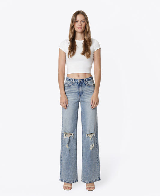 Front product images of Imaginative - High Rise Distressed Tinted Wide Leg Jeans