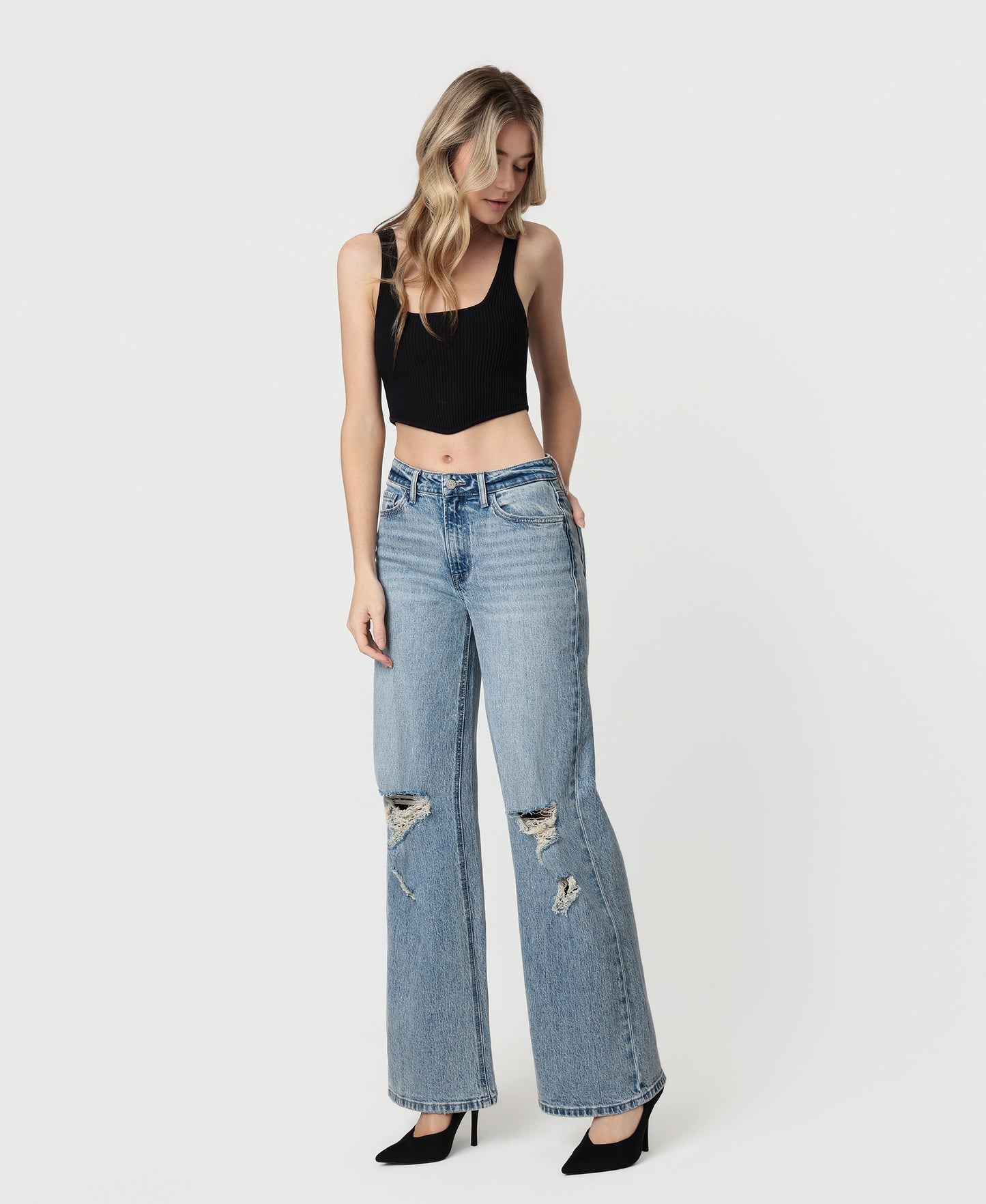 Left 45 degrees product image of Imaginative - High Rise Distressed Tinted Wide Leg Jeans