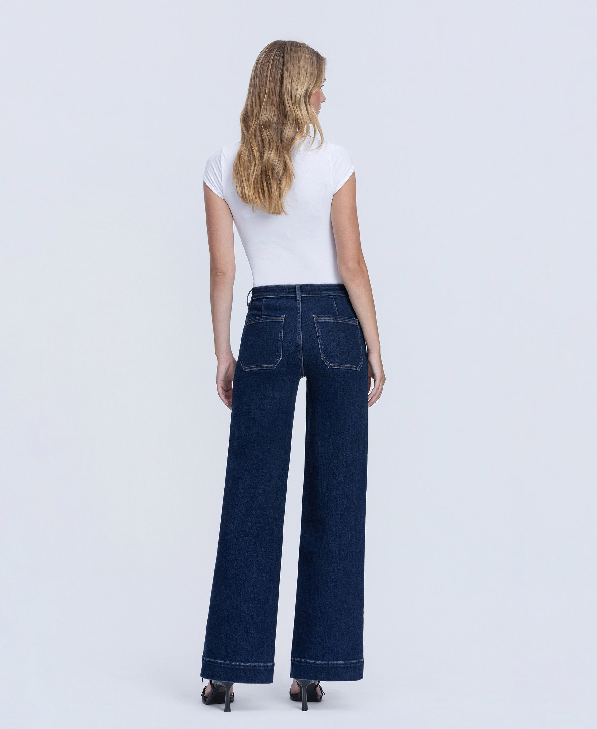 Back product images of Dark Wash - High Rise Front Welt Pocket Trouser Wide Leg Jeans