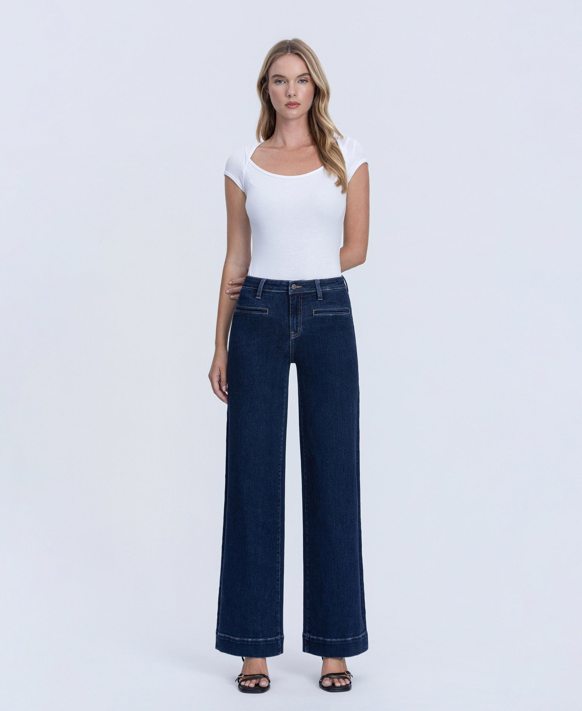 Front product images of Dark Wash - High Rise Front Welt Pocket Trouser Wide Leg Jeans
