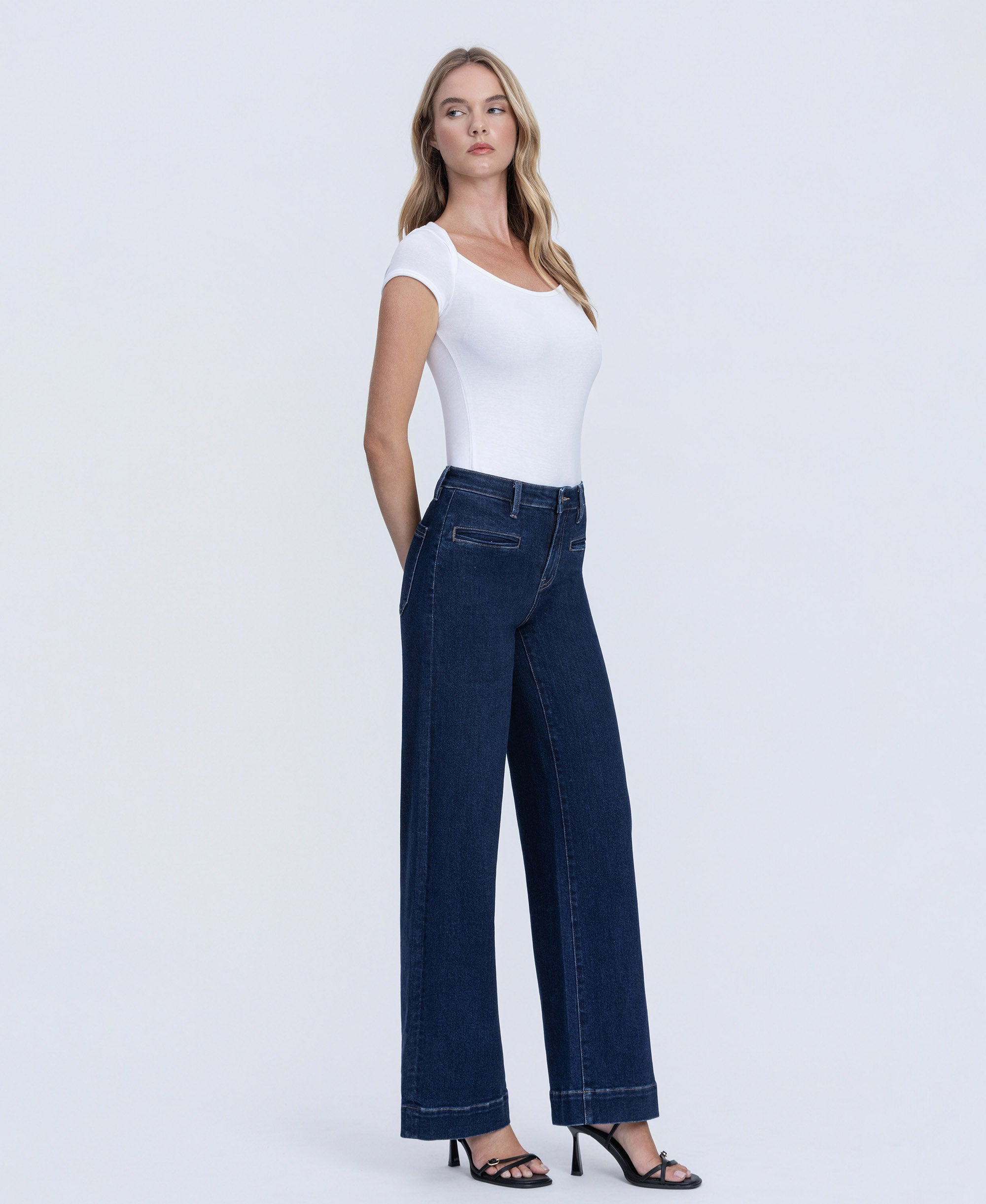VERVET Dark Wash High Rise Front Welt Pocket Trouser Wide Leg Jeans